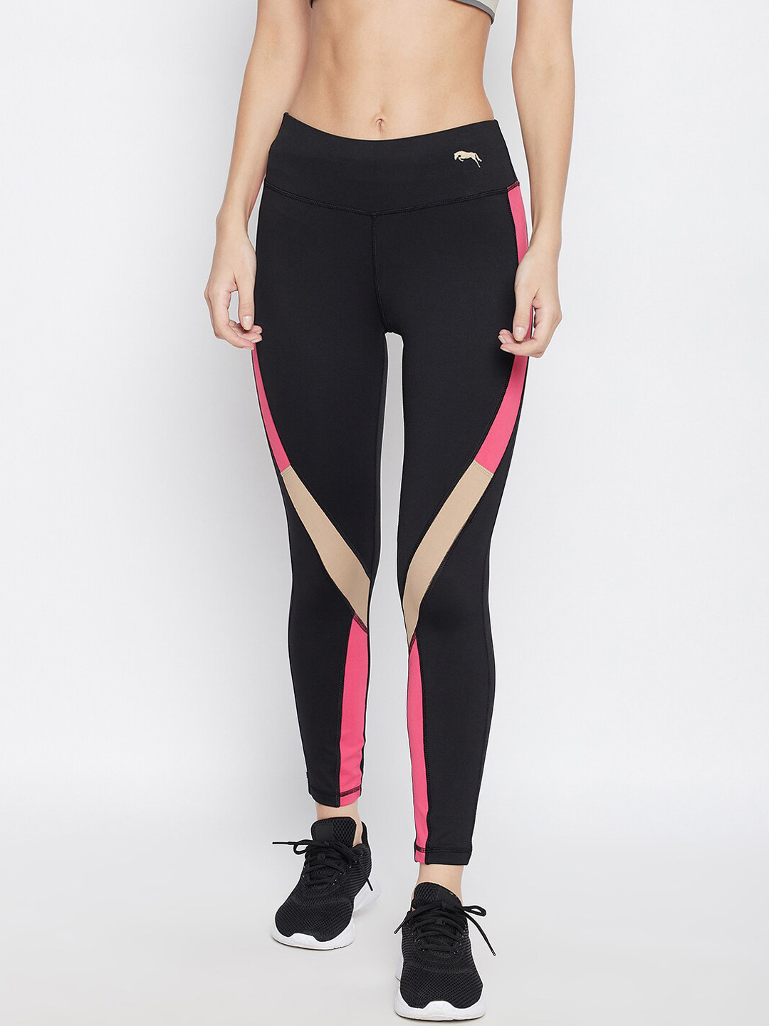 JUMP USA Women Black & Pink Colourblocked Activewear Gym Tights