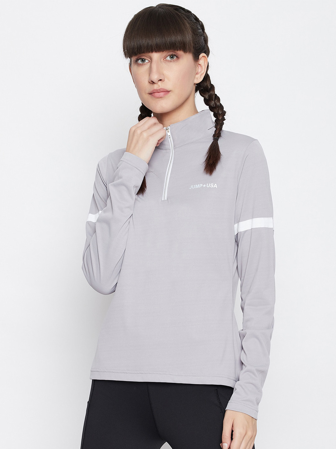 JUMP USA Women Grey Mock Collar Long Sleeves T-shirt