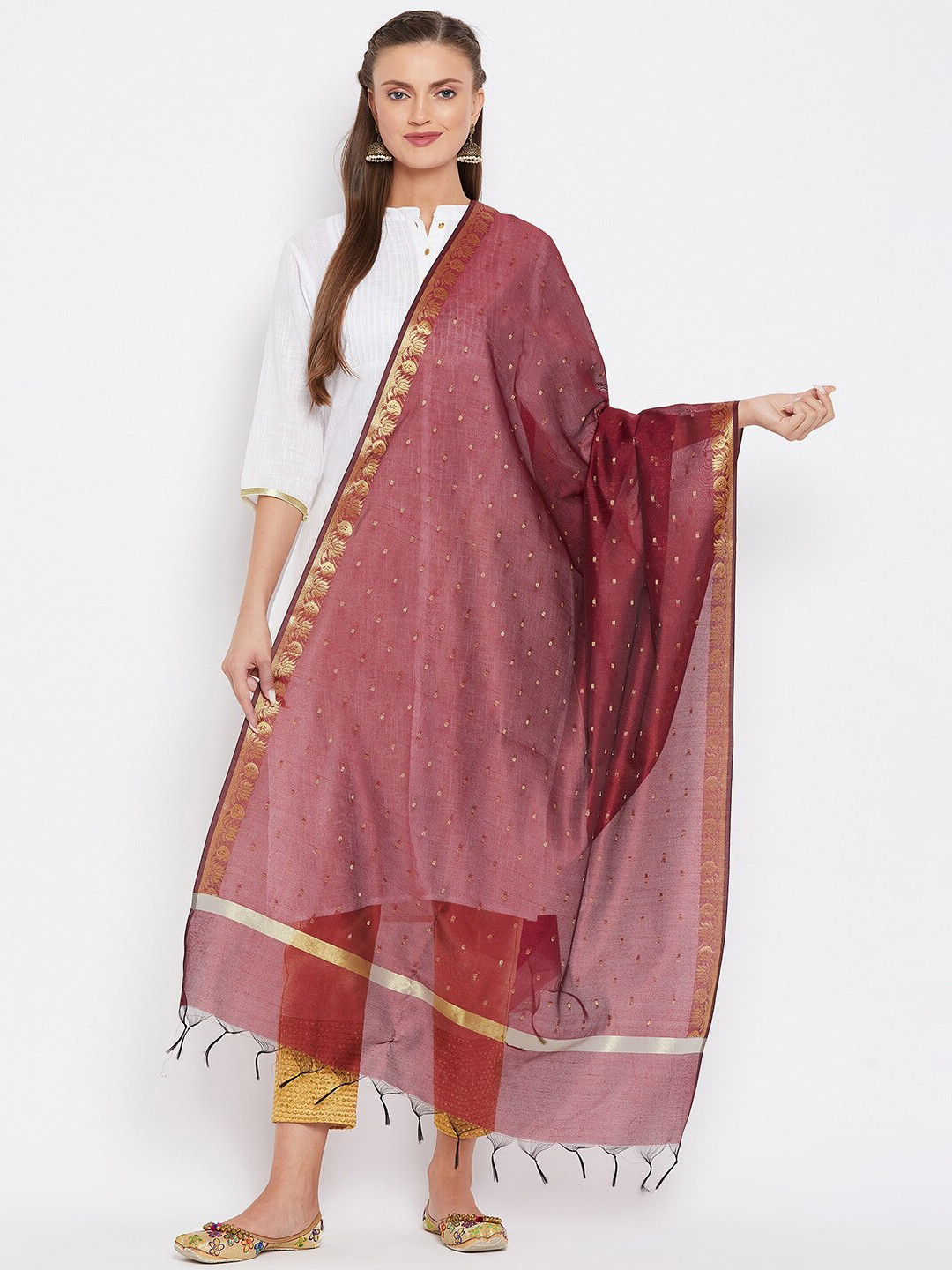 Clora Creation Maroon & Gold-Toned Woven Design Dupatta