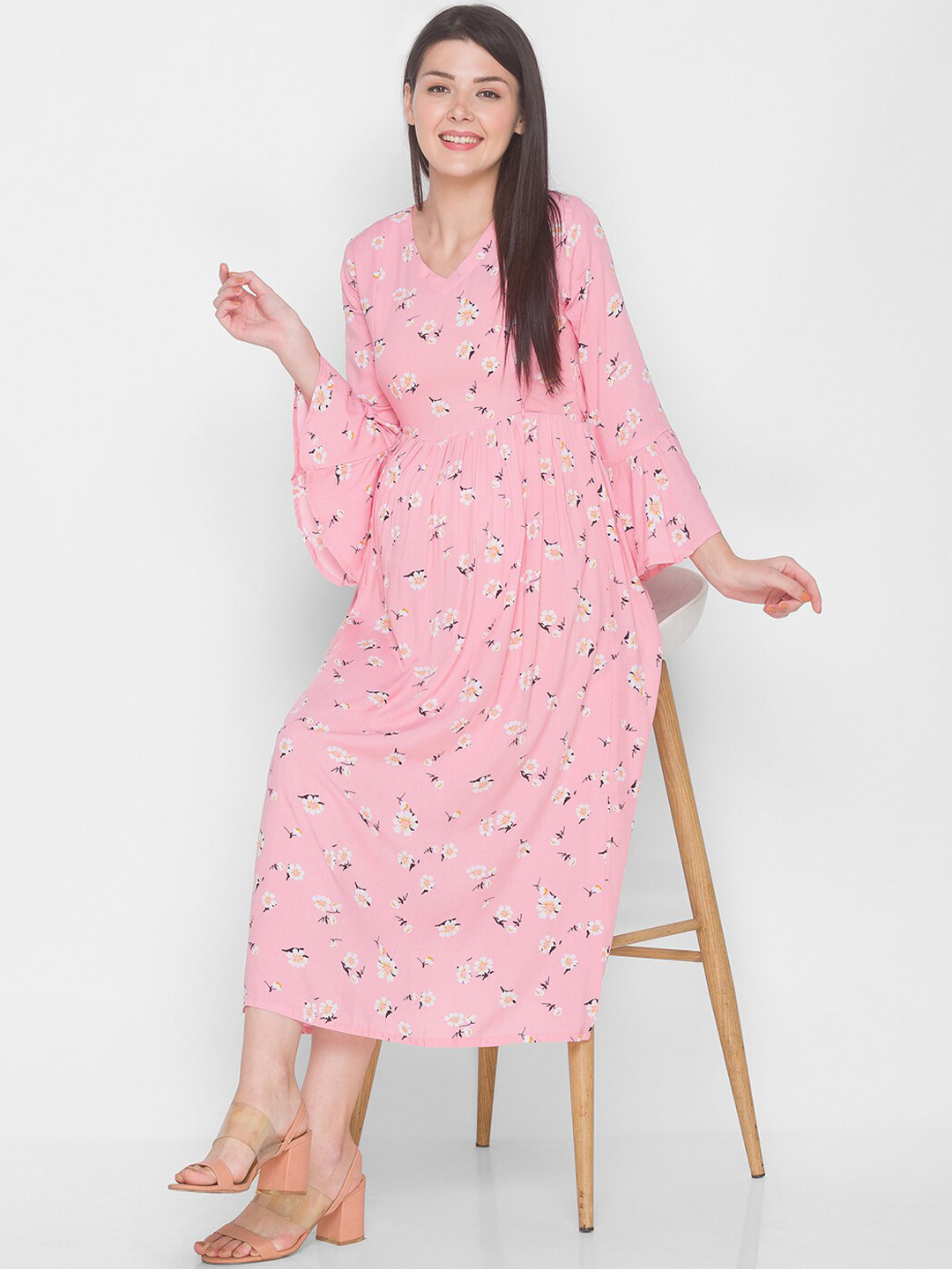 AV2 Pink & White Maternity Floral Printed A-Line Midi Dress