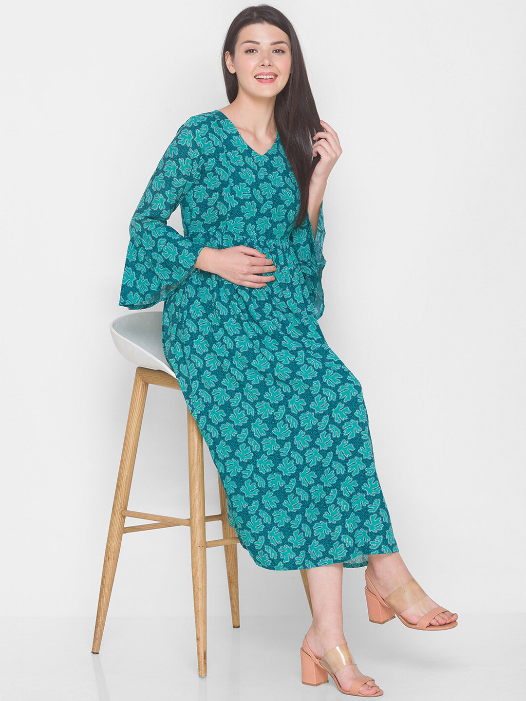 AV2 Women Teal Floral Midi Maternity Dress