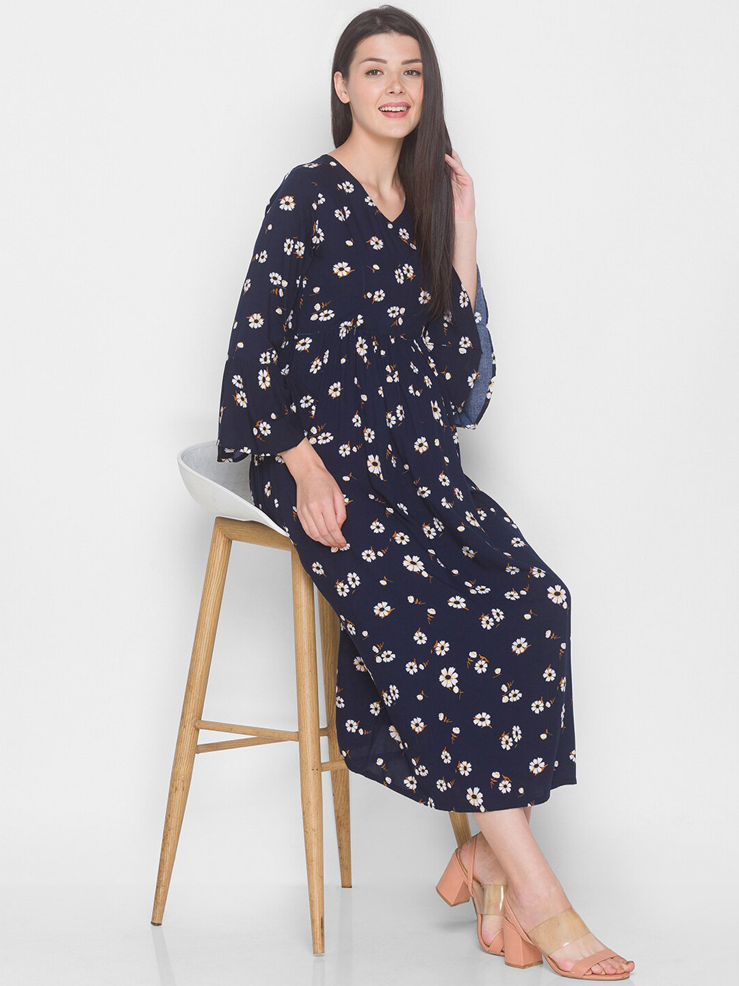 AV2 Navy Blue Floral Pleated Midi Dress