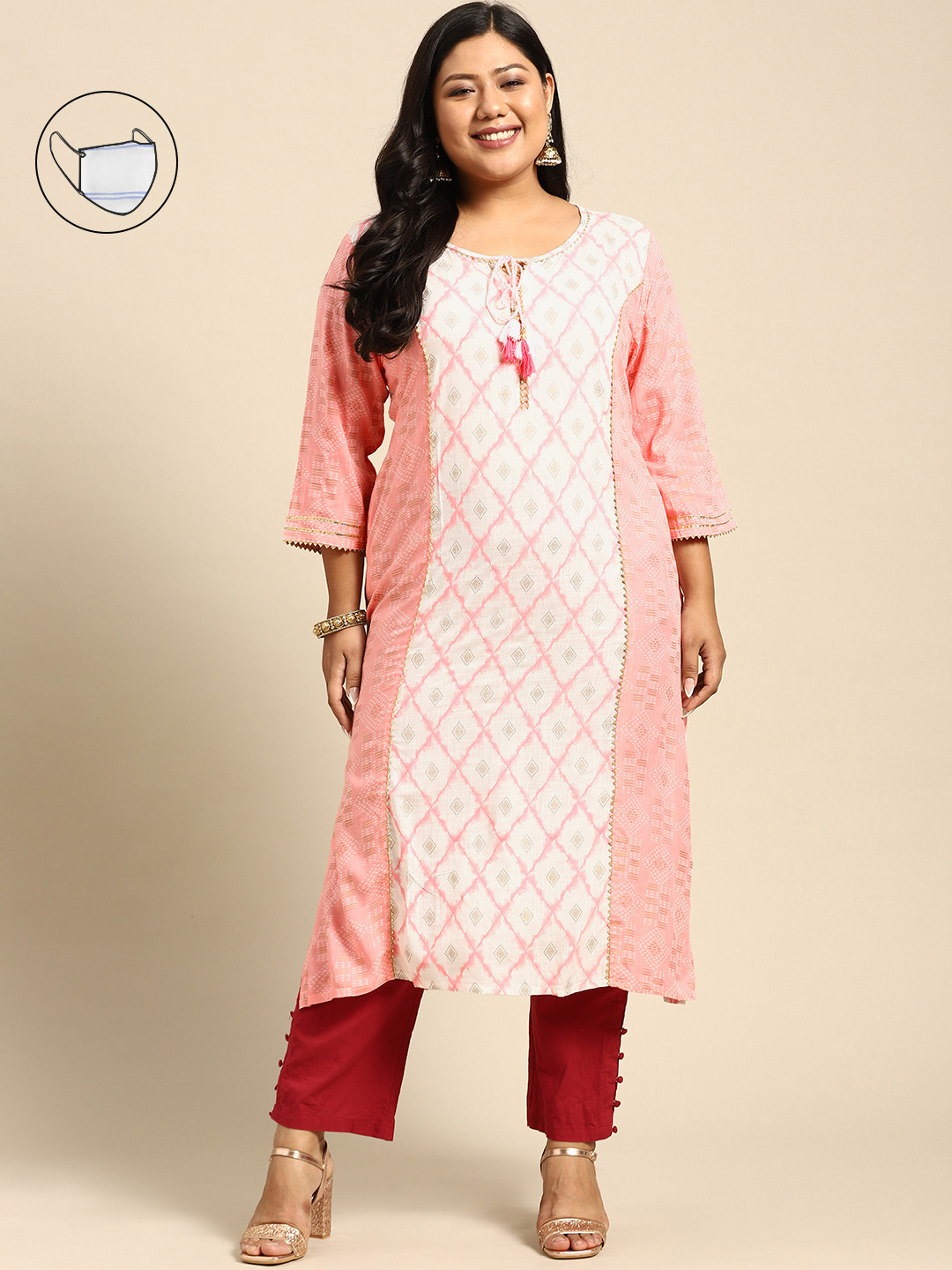 RANGMAYEE Women Pink & White Geometric Printed Gotta Patti Floral Liva Kurta with Mask
