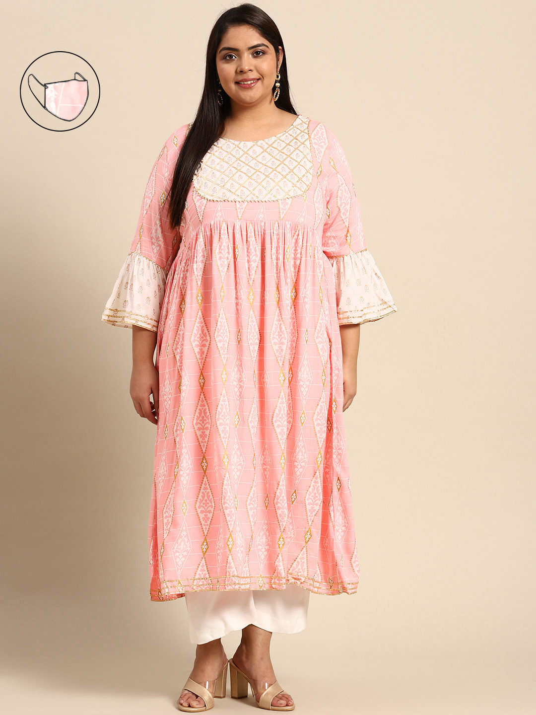 RANGMAYEE Women Pink & White Floral Printed Flared Sleeves Floral Liva Kurta with Mask