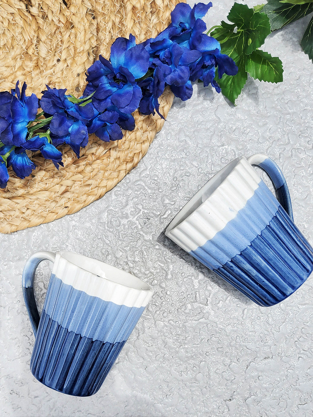 Folkstorys Gift for Sweet Mother Blue Textured Ceramic Microwave Safe 2 Piece Mugs-300ml