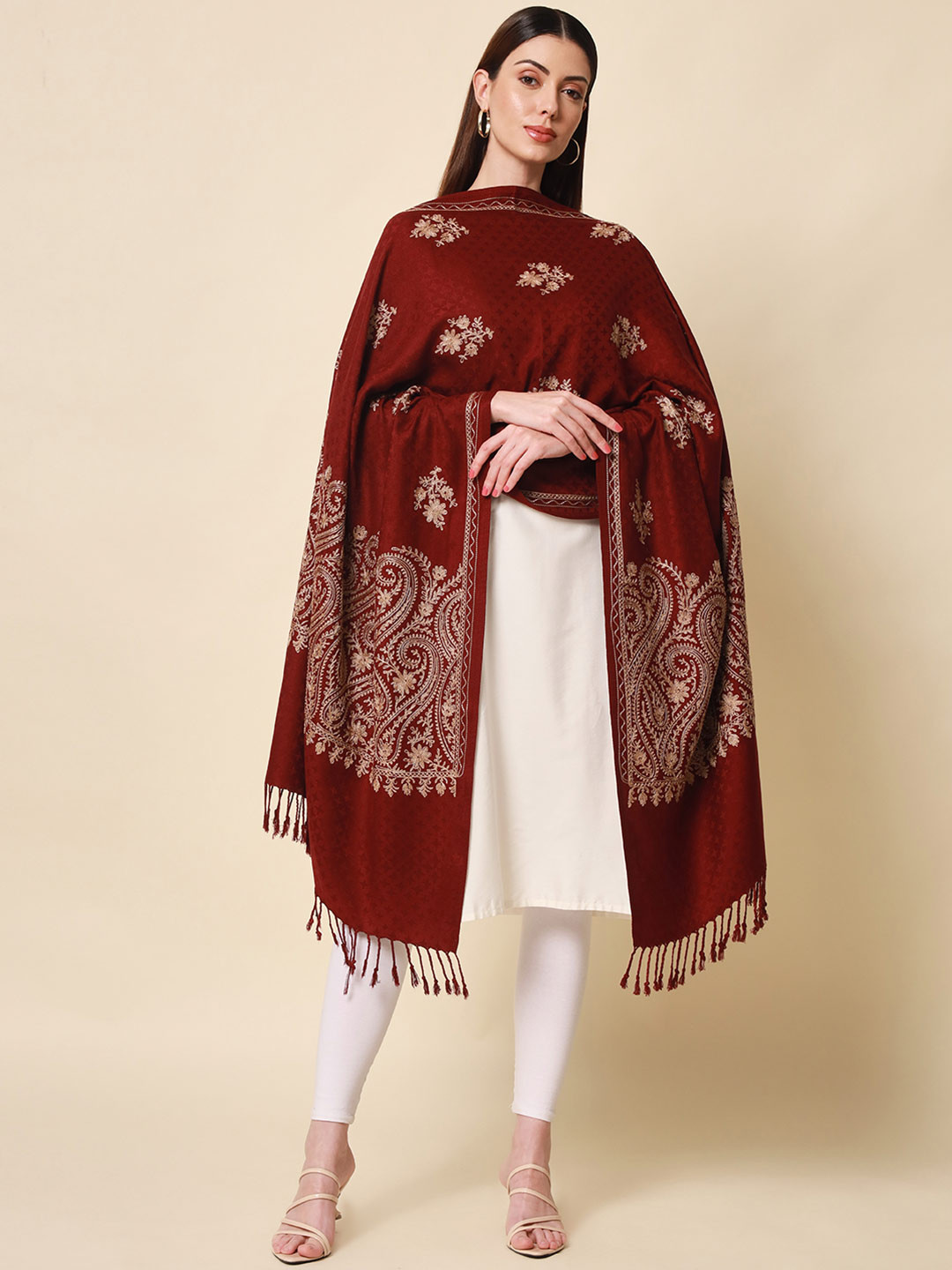 Pashmoda Women Wine Aari Embroidered Shawl