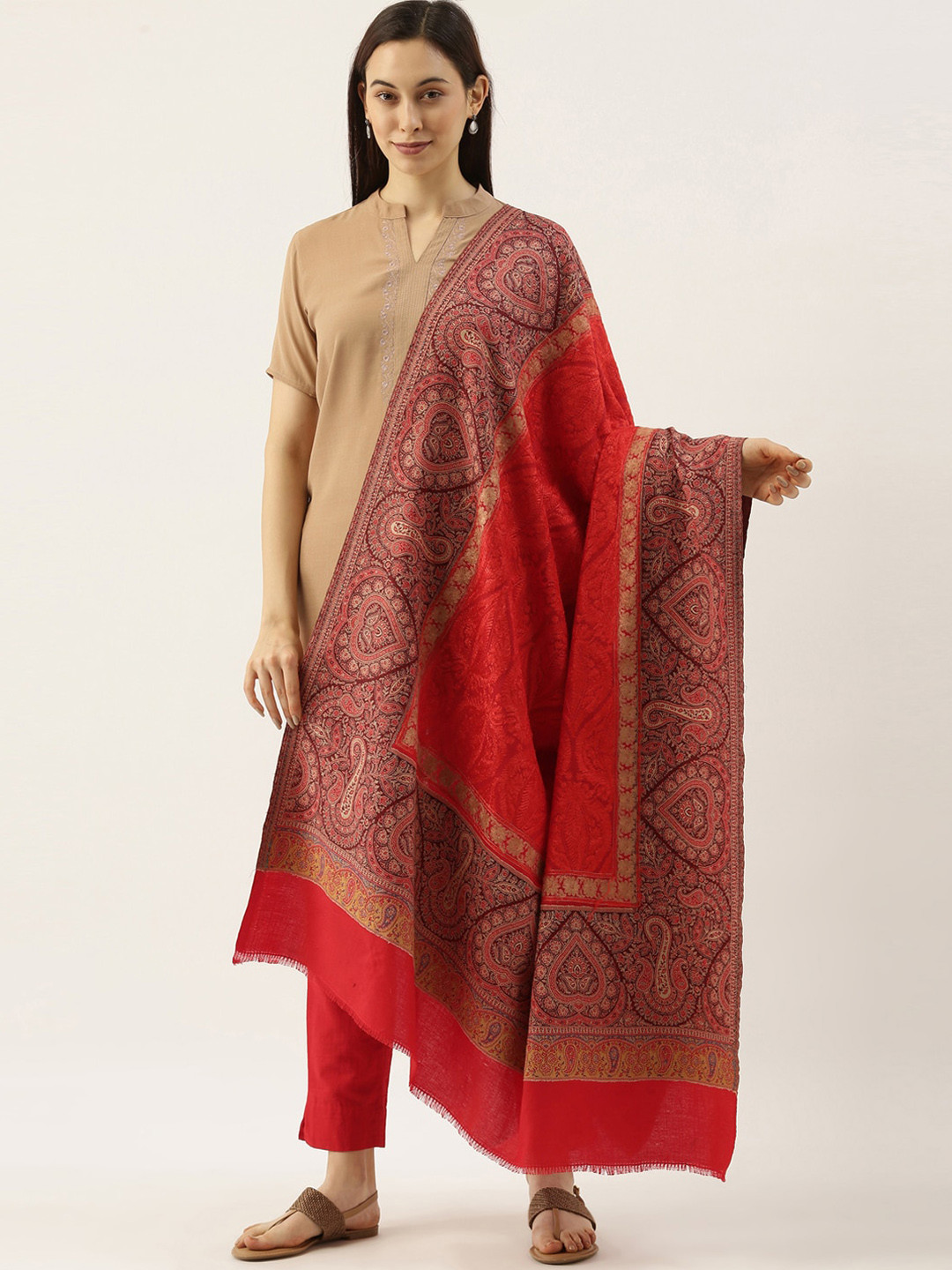 Pashmoda Women Red & Multicolored Woven Design Jamawar Shawl