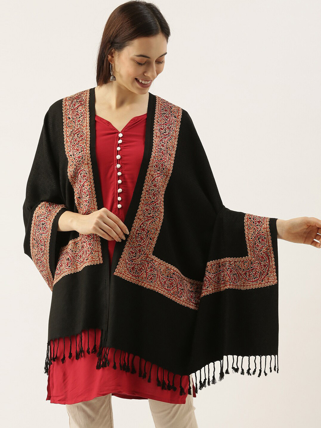 Pashmoda Women Black & Maroon Embroidered Shawl
