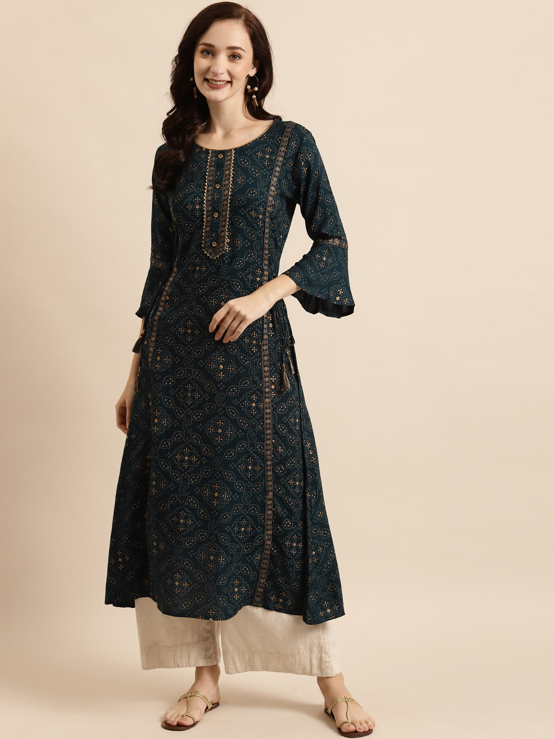 RANGMAYEE Women Blue Bandhani Printed Bell Sleeves Block Print Liva Kurta