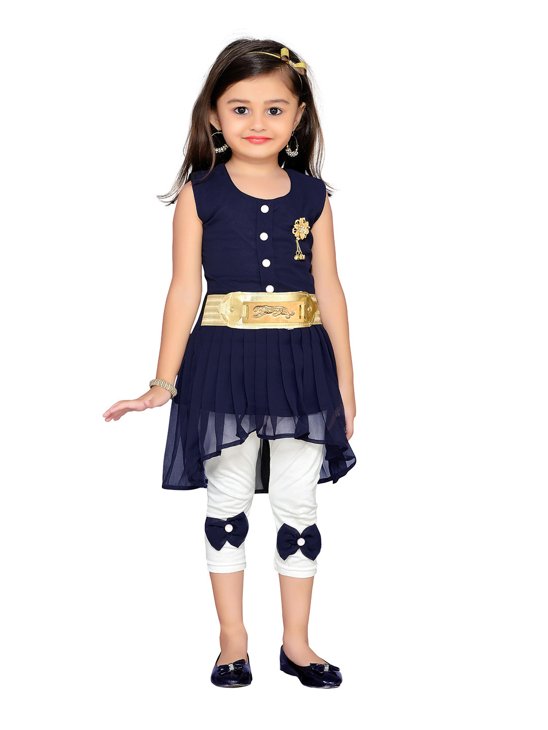 ADIVA Girls Navy Blue & Gold-Toned Embellished Top with Leggings