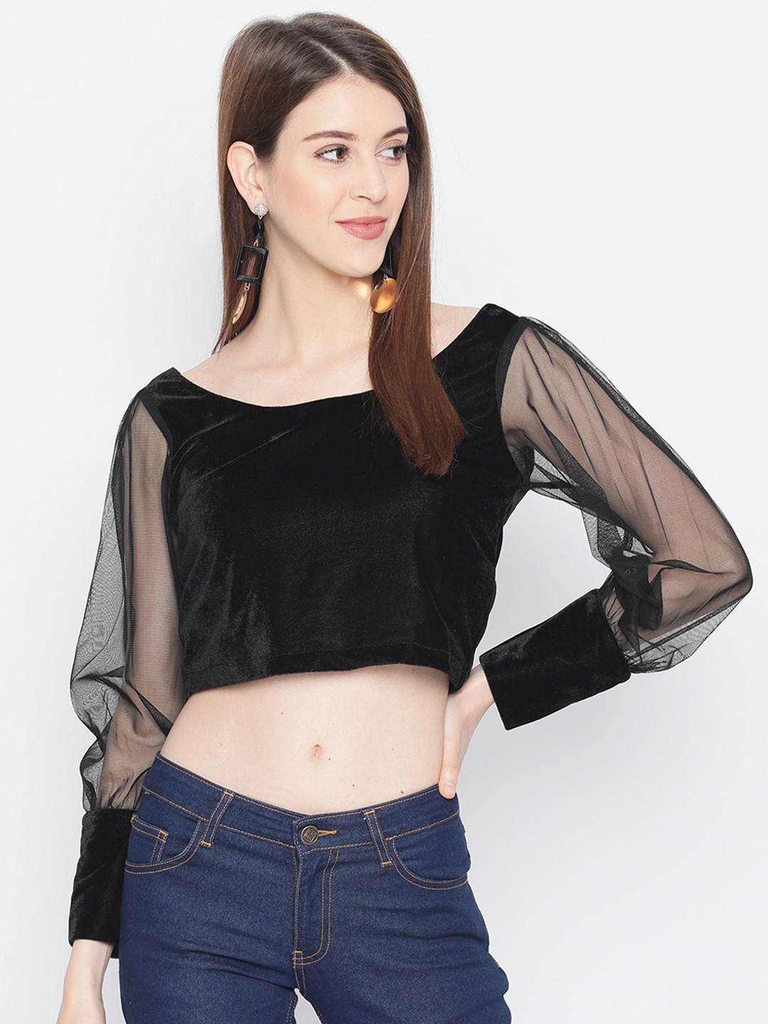 AKIMIA Women Black Velvet Boxy Crop Top