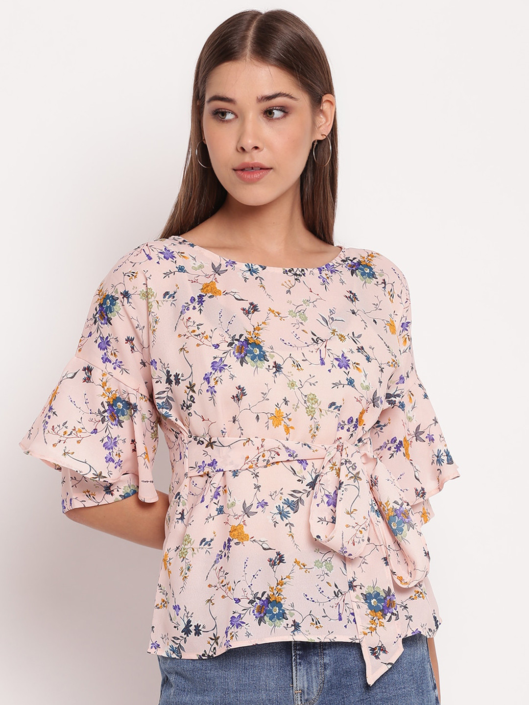 AKIMIA Peach-Coloured Floral Printed Bell Sleeves Crepe Cinched Waist Top