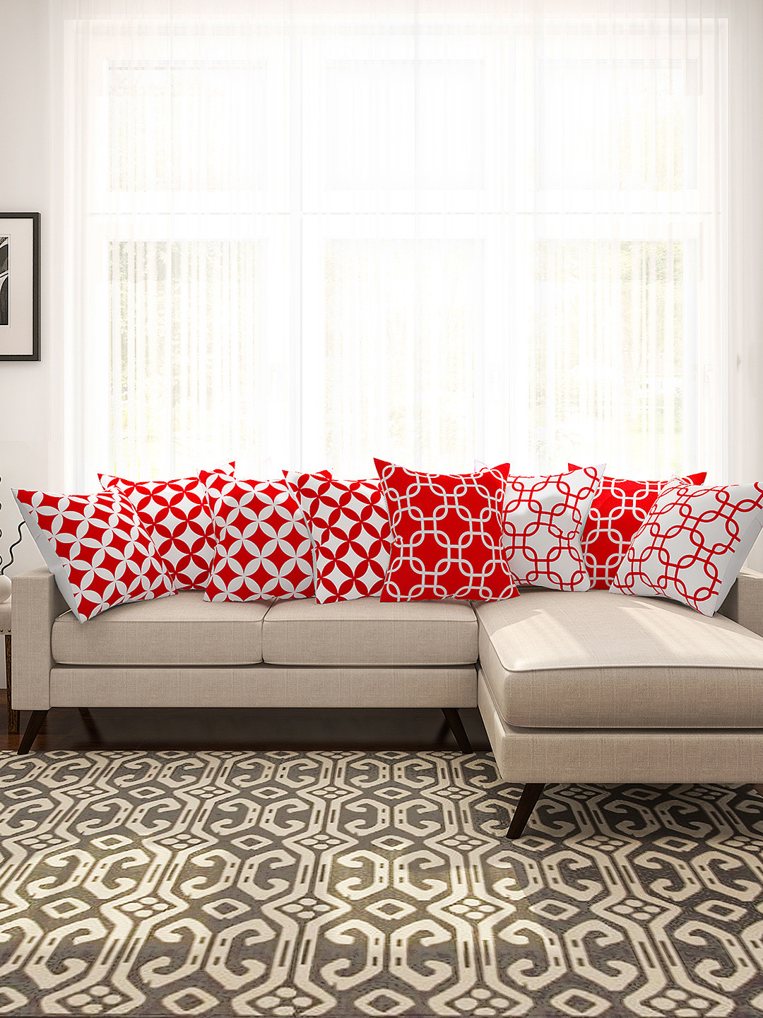 SEJ by Nisha Gupta Red & White Set of 8 16'' x 16'' Square Cushion Covers