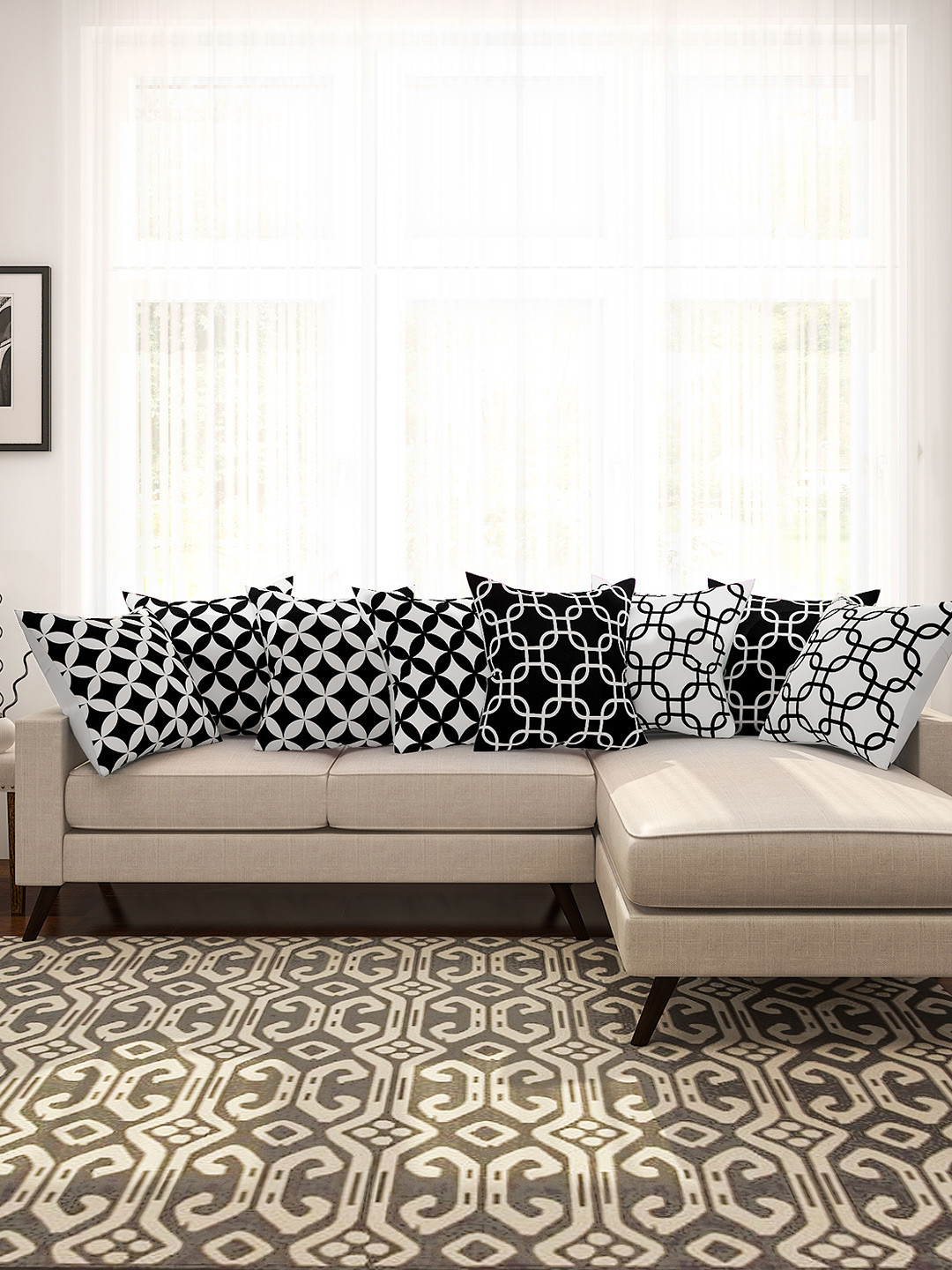 SEJ by Nisha Gupta Geometric Cotton HD Digital 8 Pcs Square Cushion Covers - 16 x 16 In