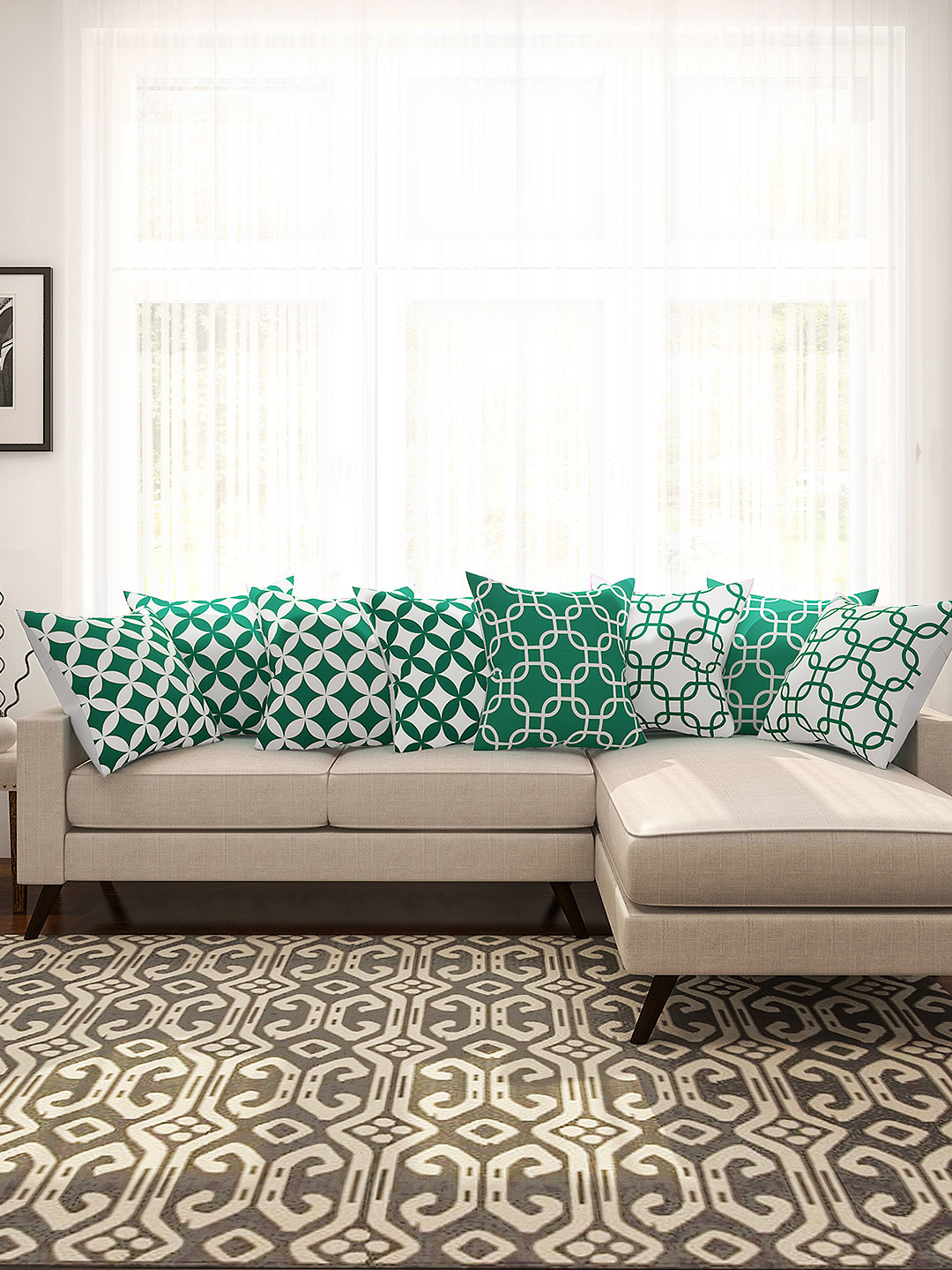 SEJ by Nisha Gupta Green & White Set of 8 16'' x 16'' Square Cushion Covers