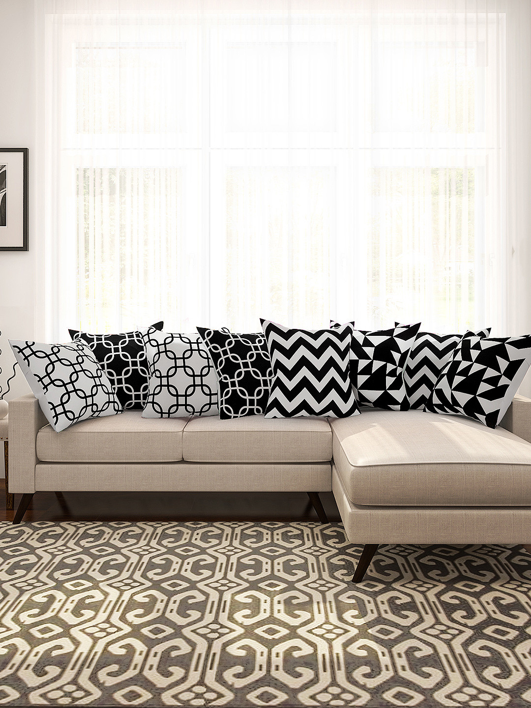 SEJ by Nisha Gupta Black & White Set of 8 Printed 16'' x 16'' Square Cushion Covers