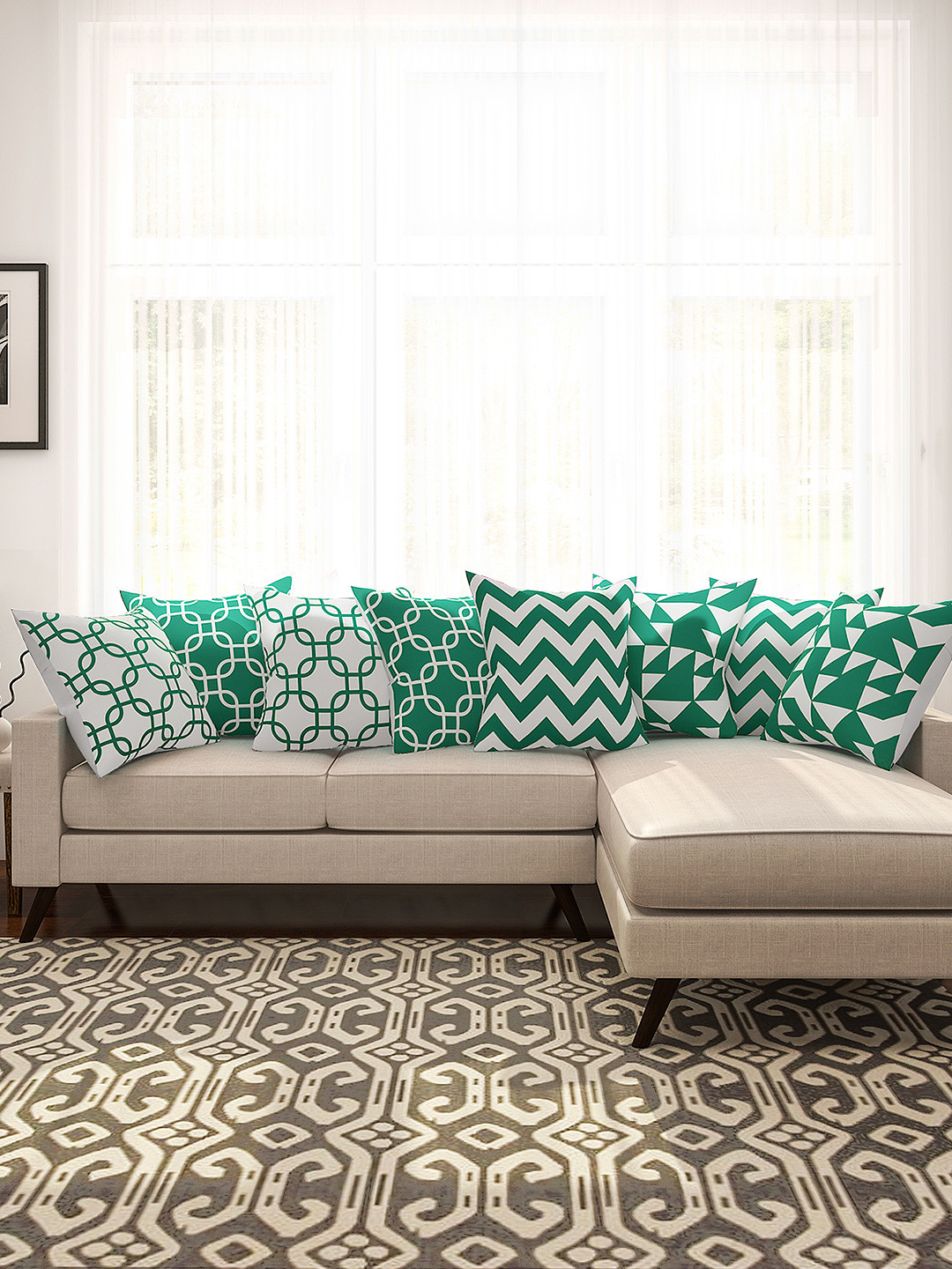 SEJ by Nisha Gupta Green & White Set of 8 16'' x 16'' Square Cushion Covers