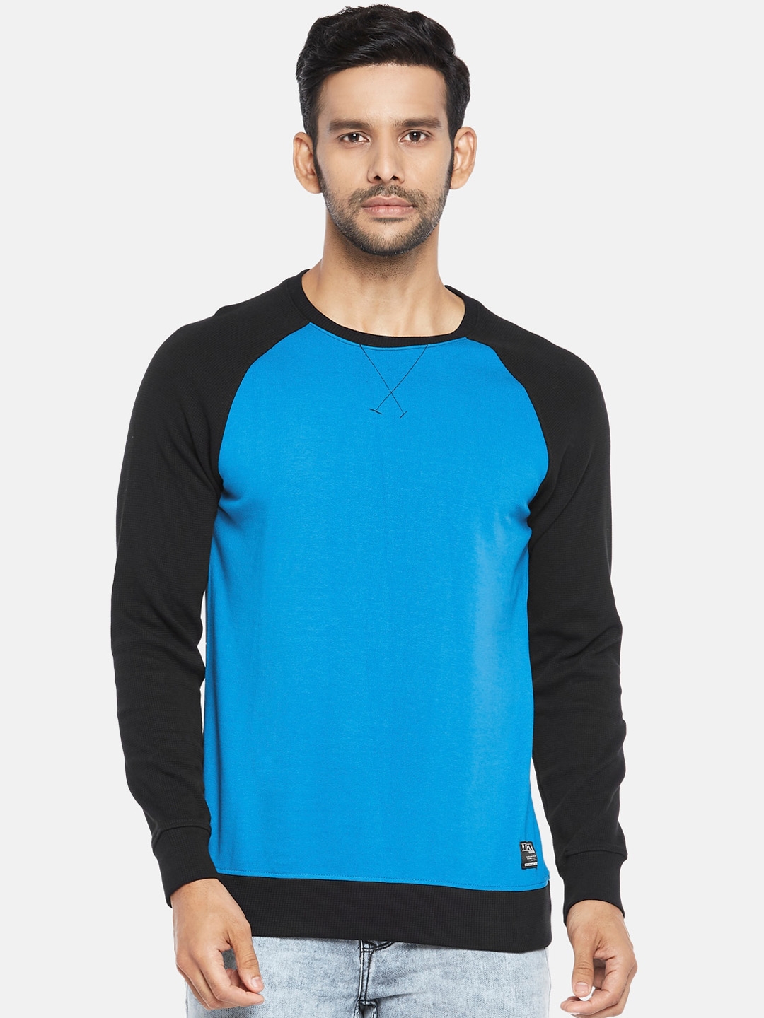 People Men Blue Colorblocked Full Sleeves Sweatshirt