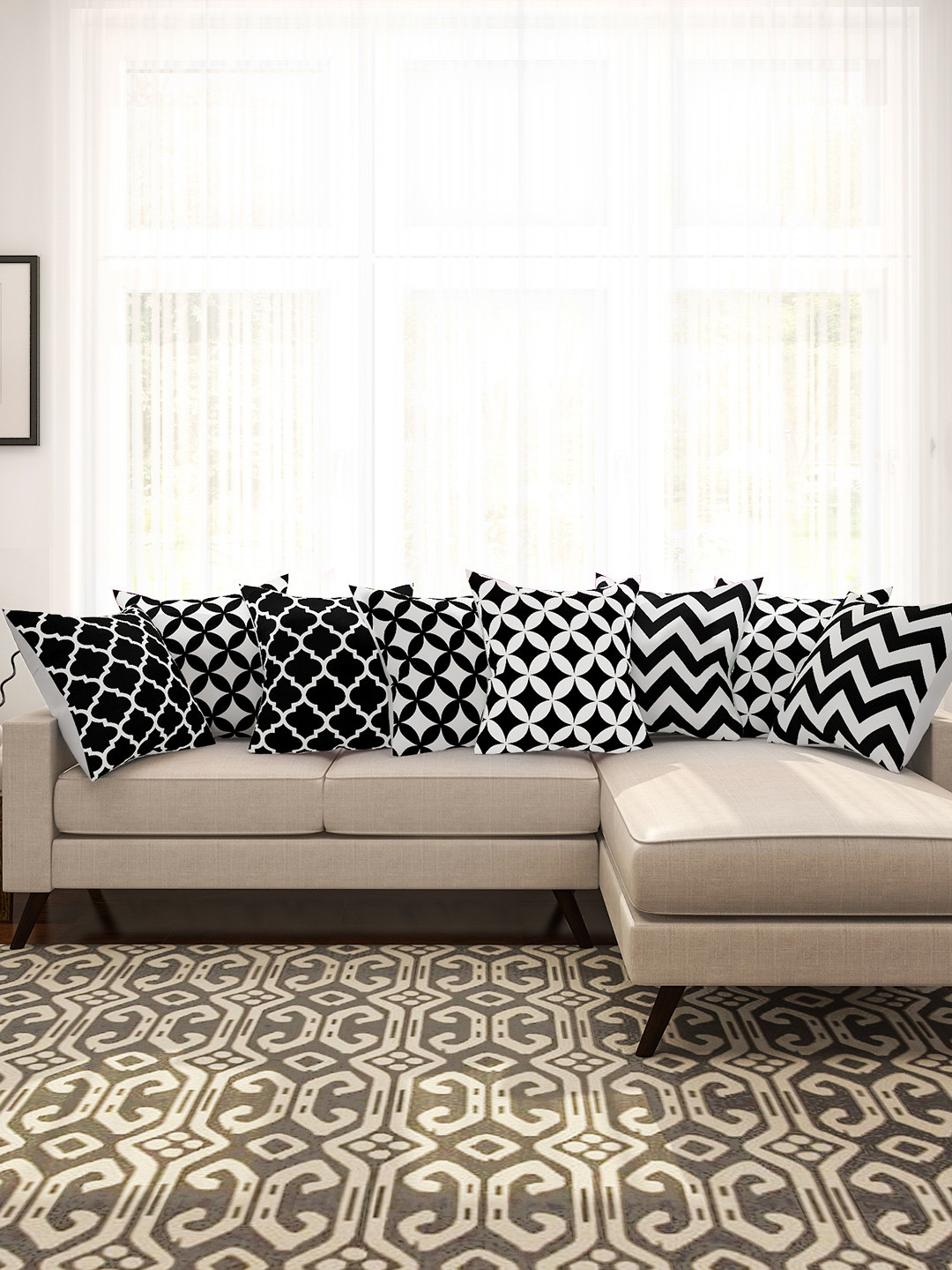 SEJ by Nisha Gupta Black & White Set of 8 Printed 16'' x 16'' Square Cushion Covers