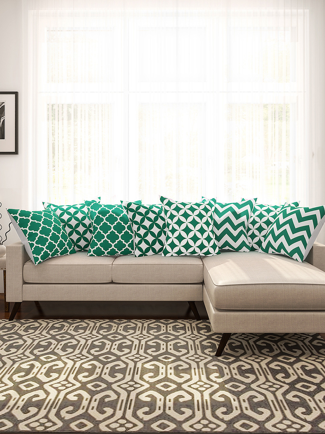 SEJ by Nisha Gupta Green & White Set of 8 16'' x 16'' Square Cushion Covers