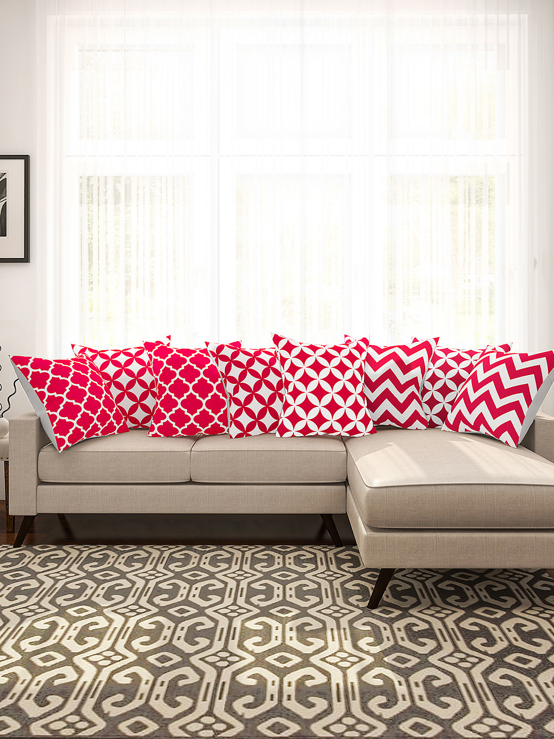 SEJ by Nisha Gupta Pink Geometric Polyester Silk HD Digital 8 Pcs Cushion Covers -16x16In