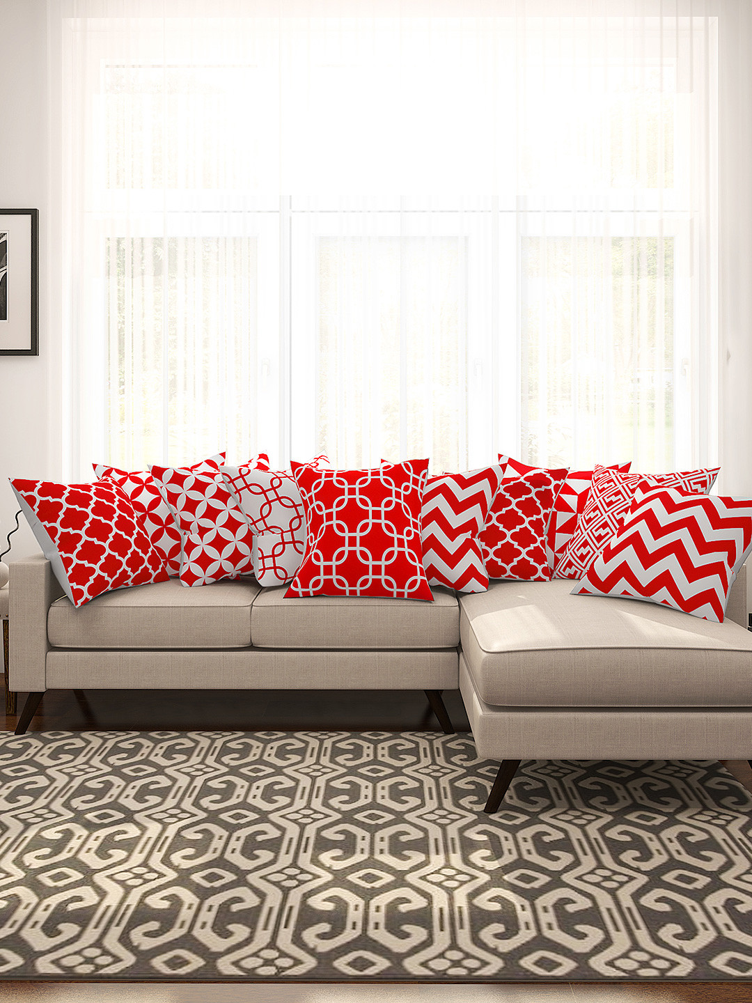 SEJ by Nisha Gupta Red Geometric Cotton HD Digital 10 Square Cushion Covers -16x16In