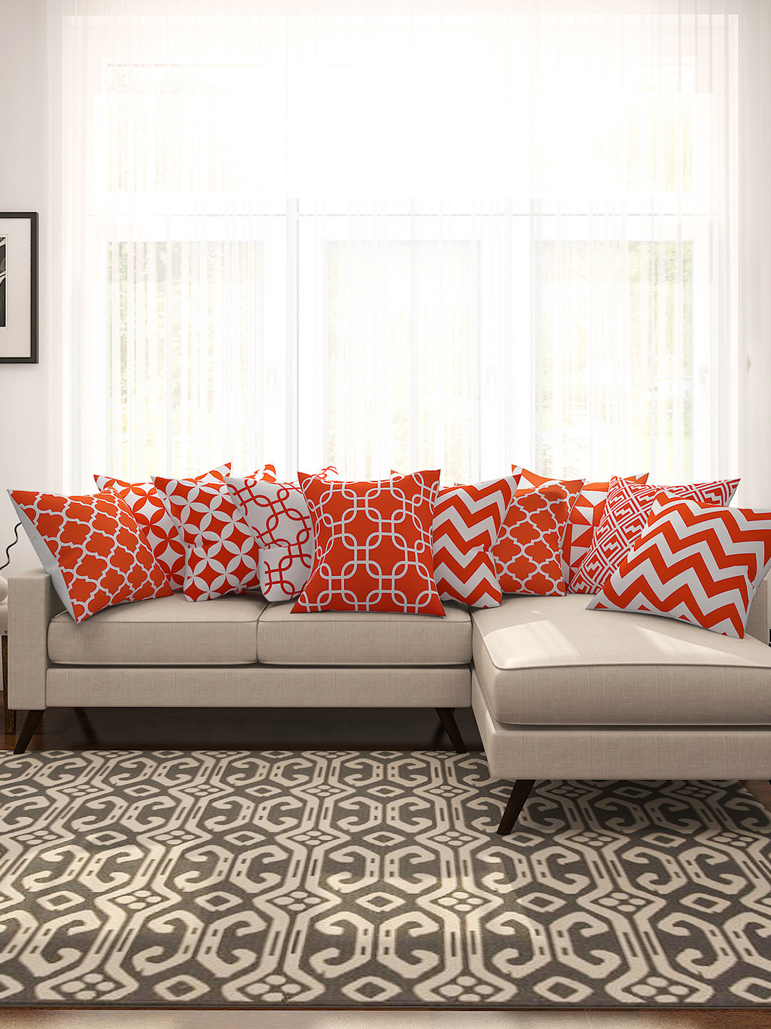 SEJ by Nisha Gupta Orange Geometric Cotton HD Digital 10 Pcs Cushion Covers -16x16In