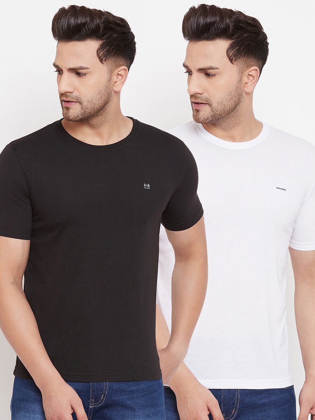 Okane Men Pack of 2 Black White Solid T shirts