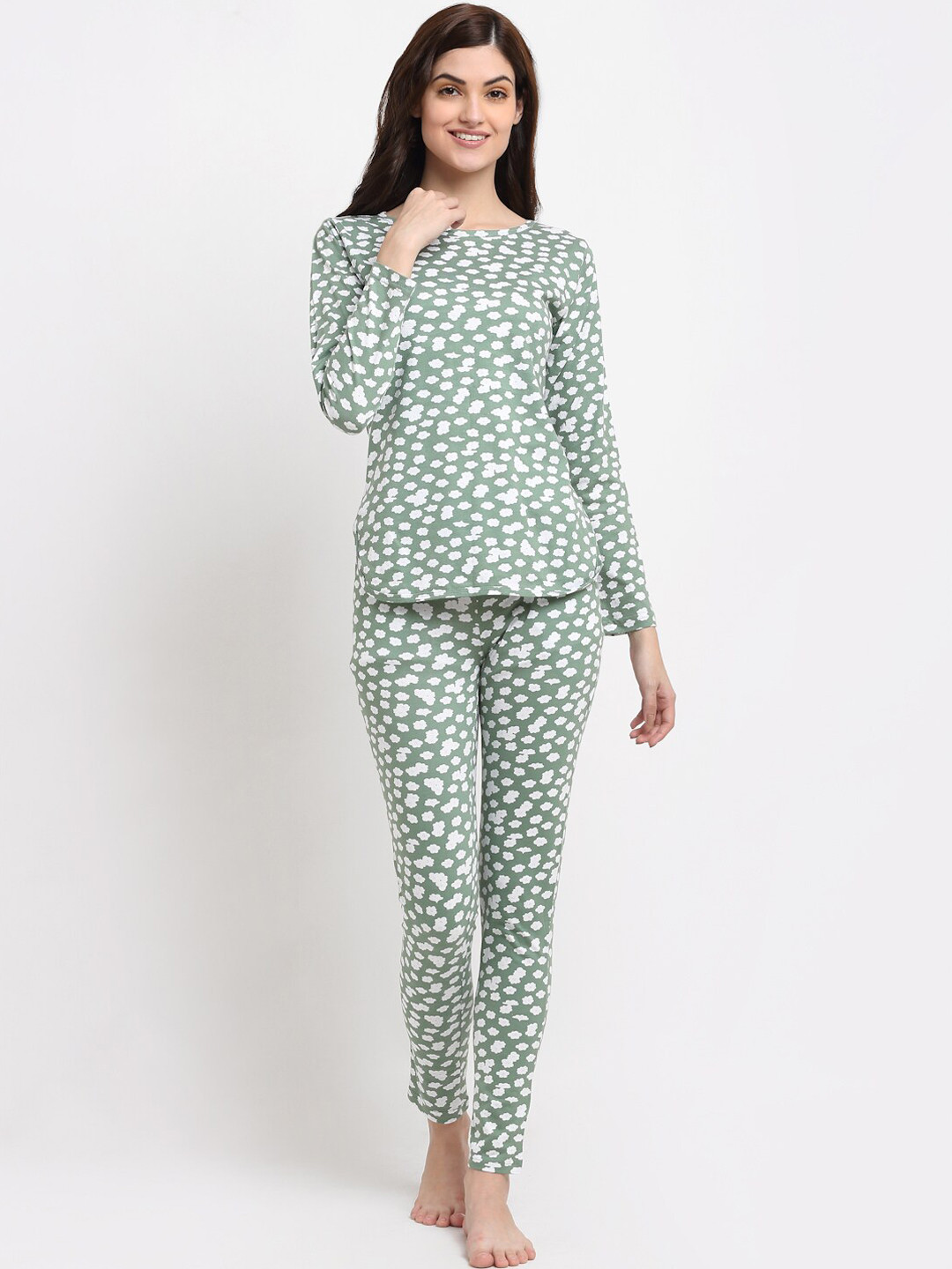 Boston Club Women Cotton Green & White Printed Night Suit
