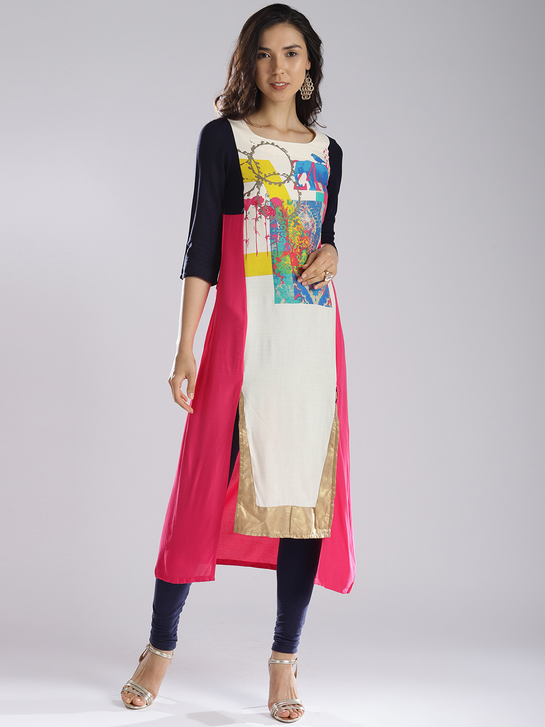 W Women Pink & Off-White Quirky Print A-Line Asymmetric Kurta