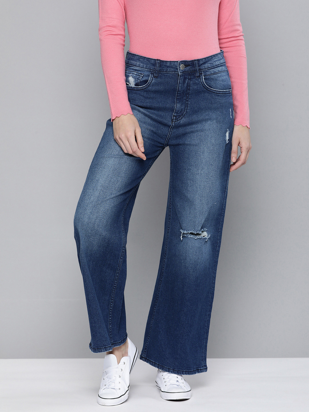 Mast & Harbour Women Blue Wide Leg Low Distress Heavy Fade Stretchable Jeans