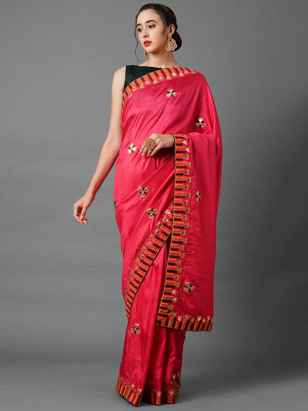 Mitera Pink & Orange Embellished Gotta Patti Silk Blend Saree