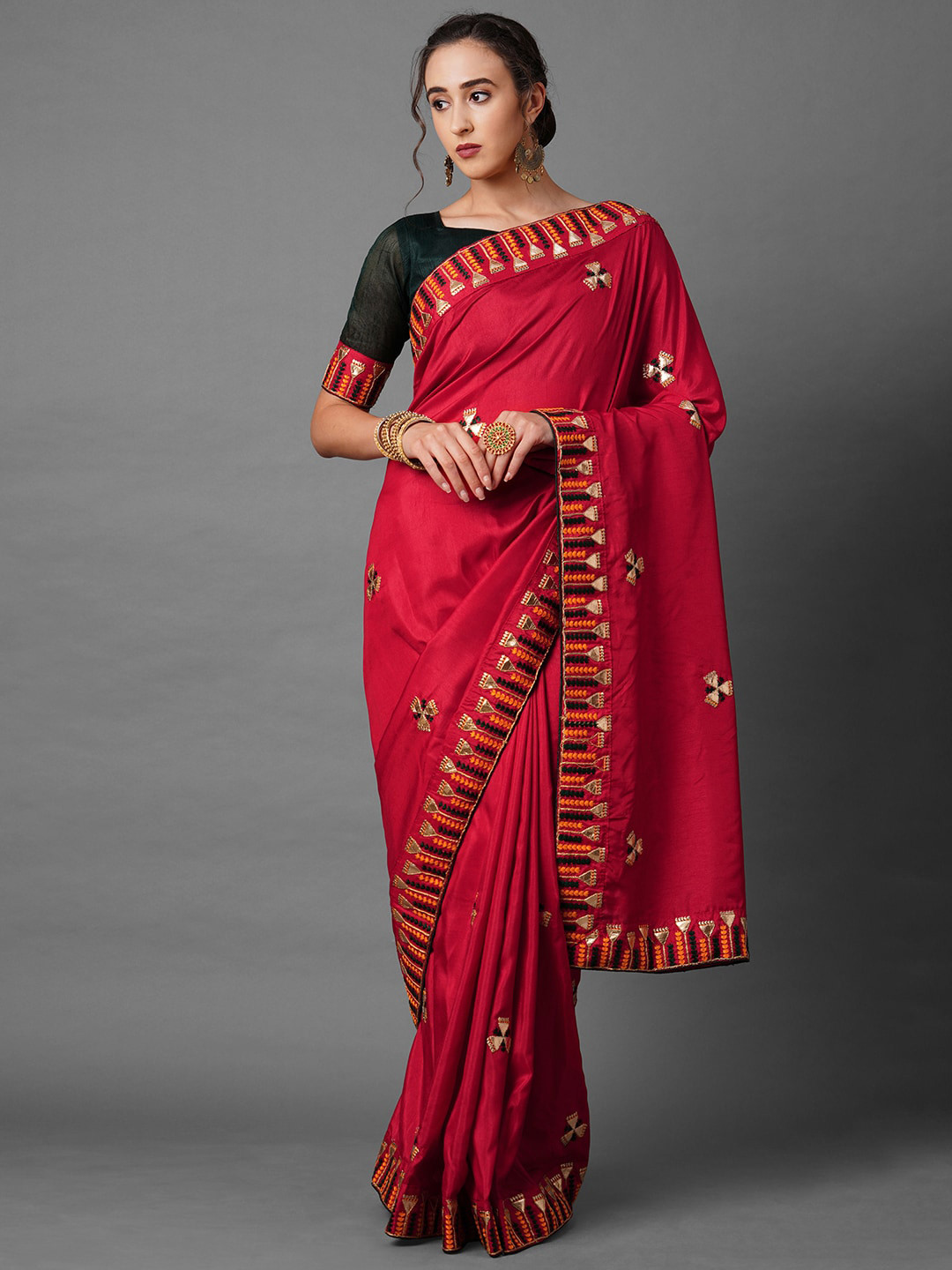 Mitera Red & Black Embellished Gotta Patti Silk Blend Saree