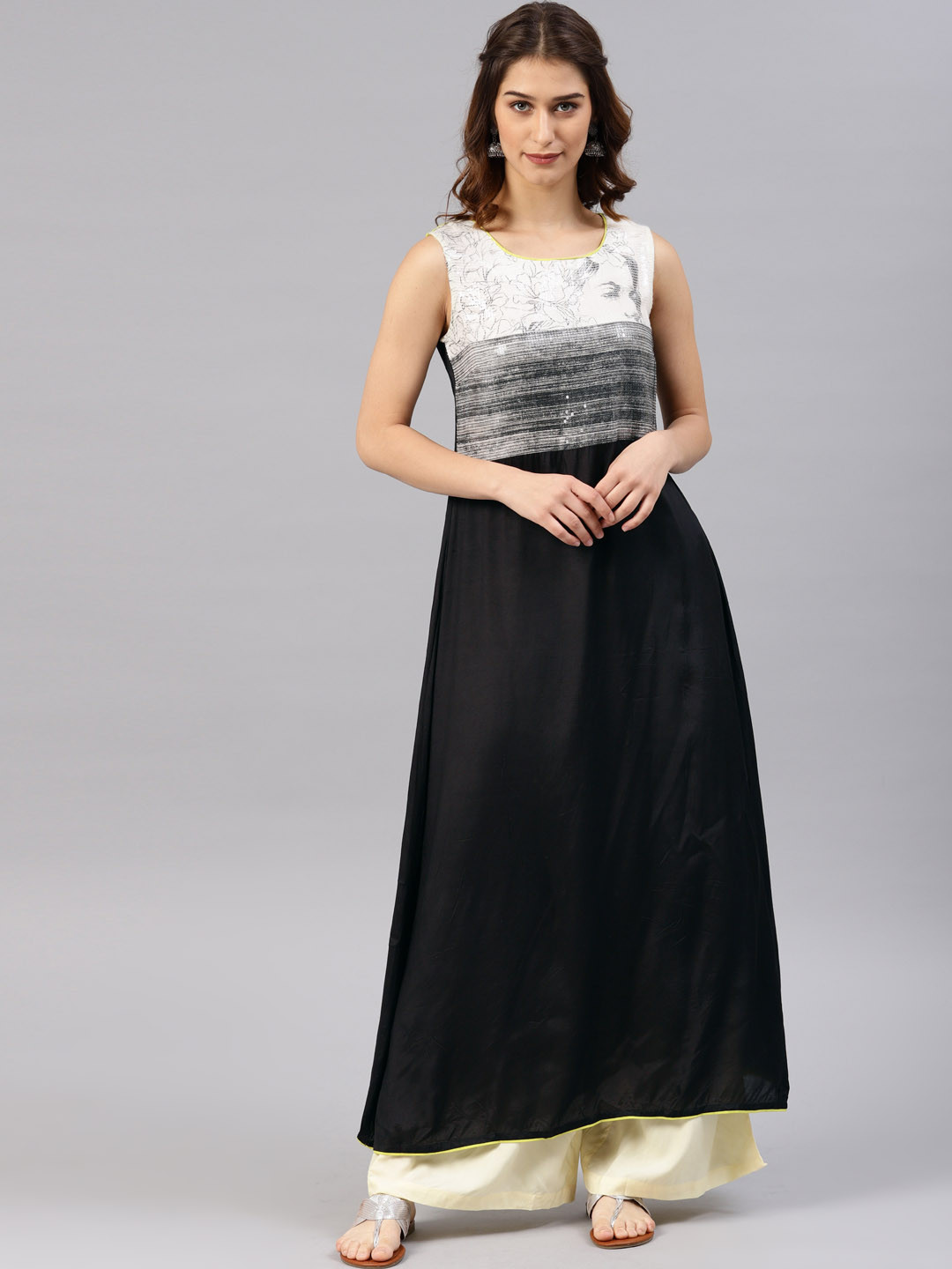 WISHFUL by W Women Black & White Colourblocked Embellished A-Line Kurta