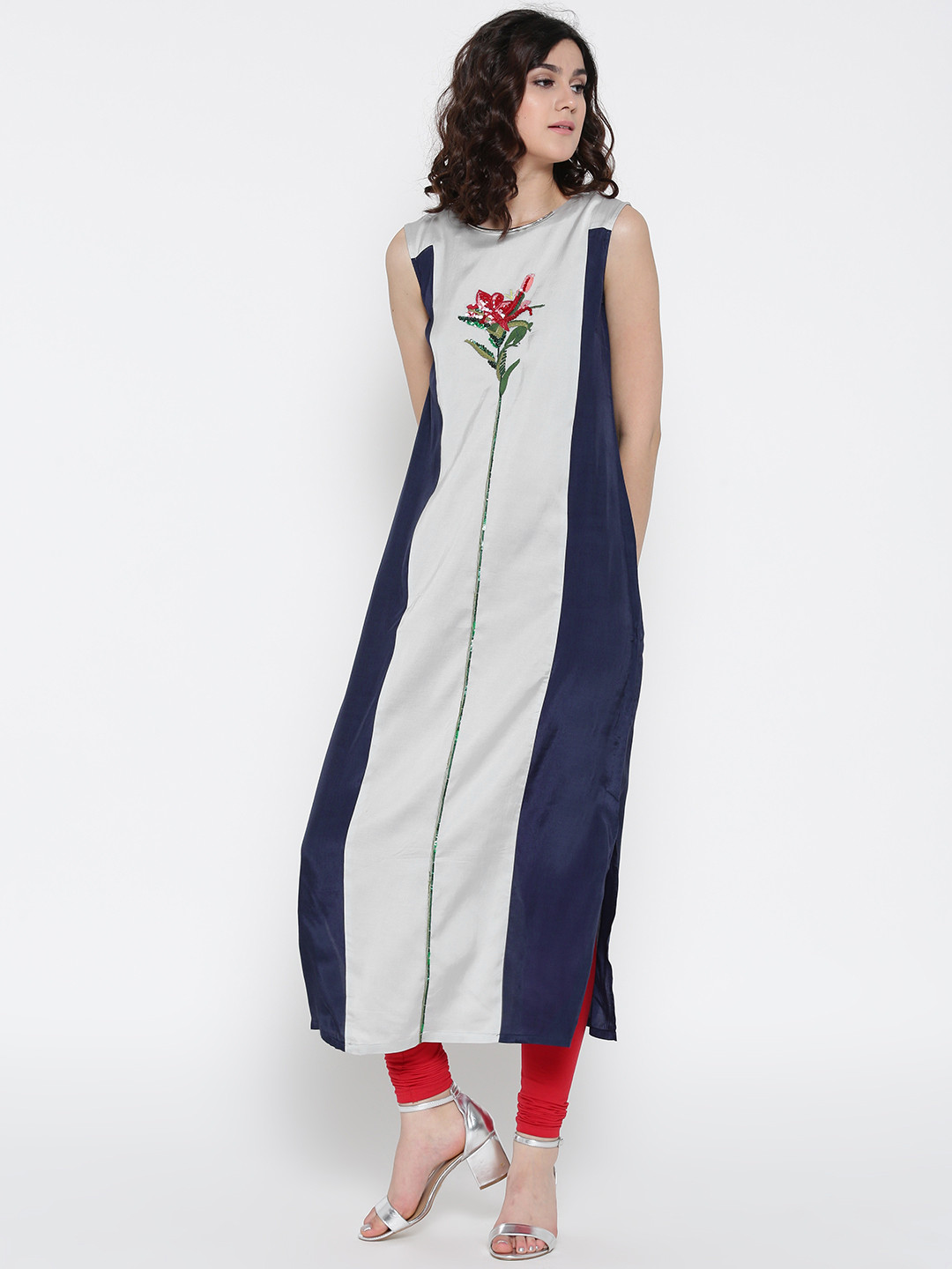 Wishful by W Women Grey & Navy Colourblocked Straight Kurta