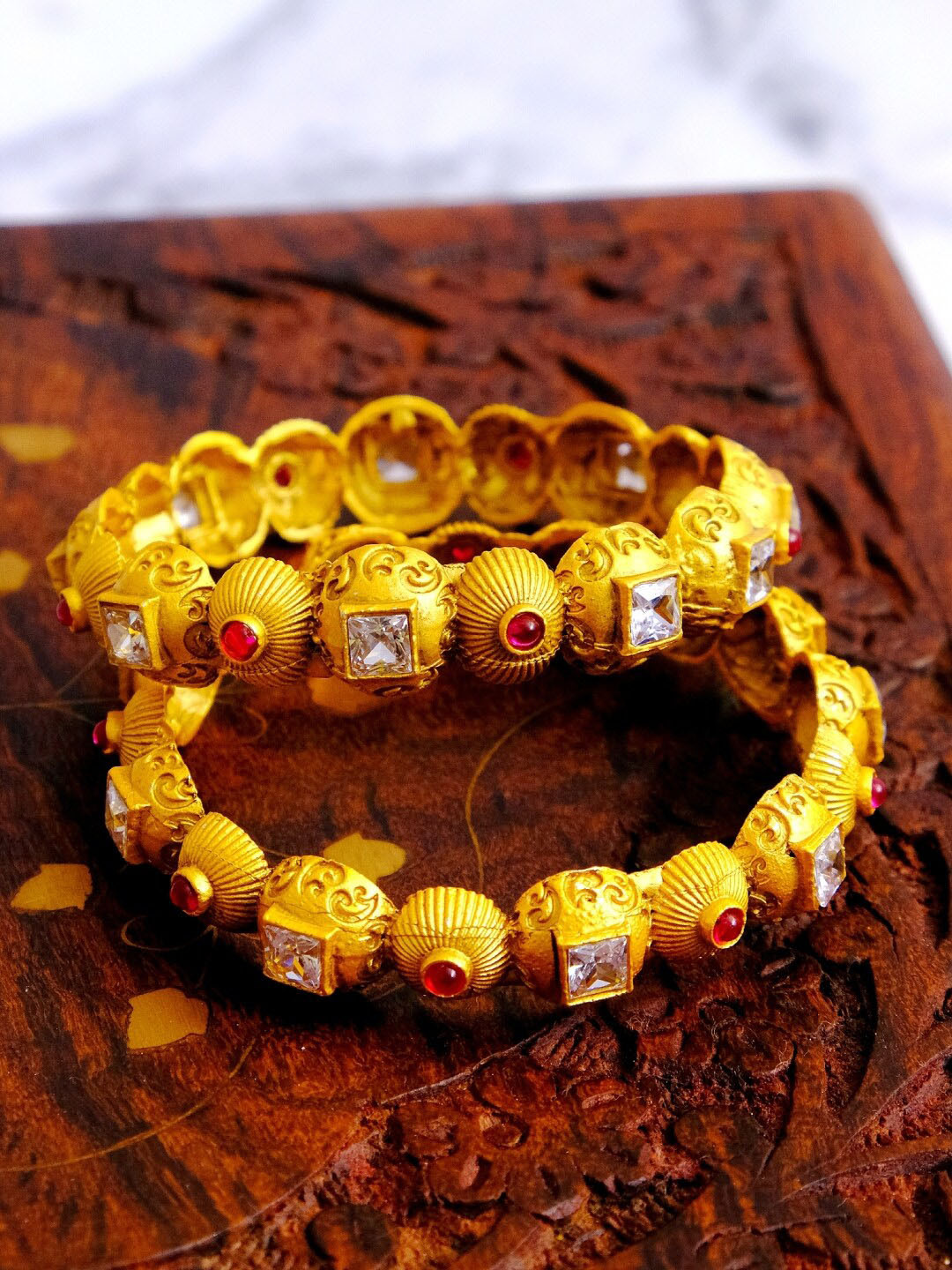 Crunchy Fashion Set Of 2 Gold-Plated White & Pink Stone-Studded Antique Bangles