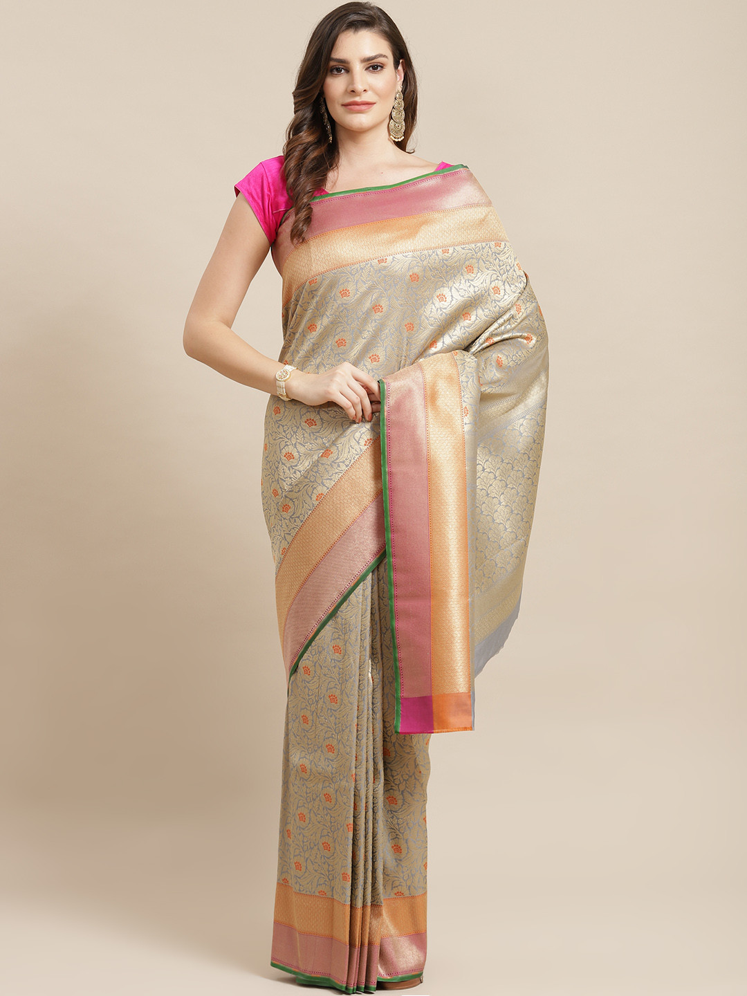 Banarasi Style Grey & Golden Woven Design Tanchui Banarasi Saree