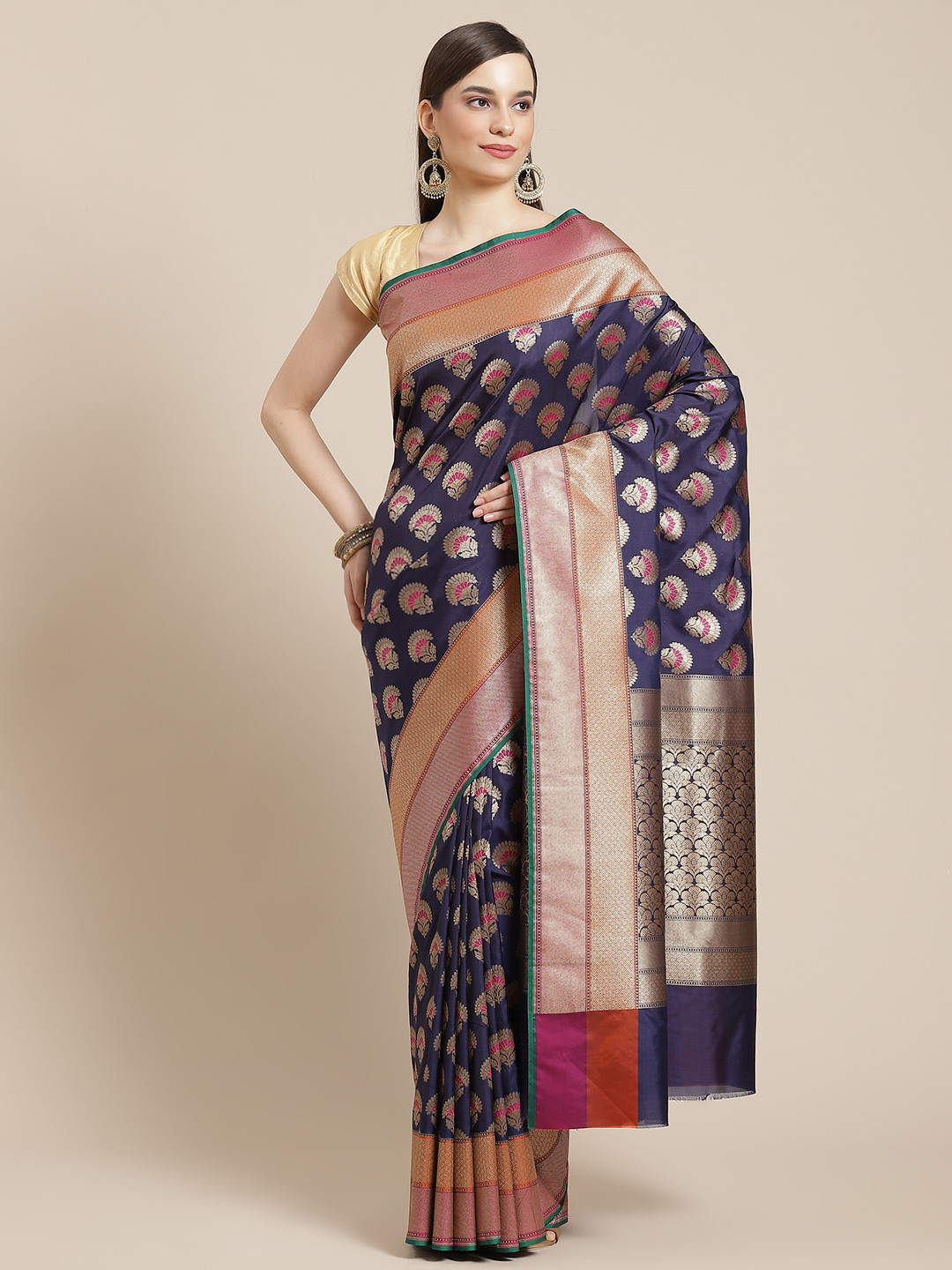 Banarasi Style Navy Blue Ethnic Motifs Zari Silk Blend Banarasi Saree
