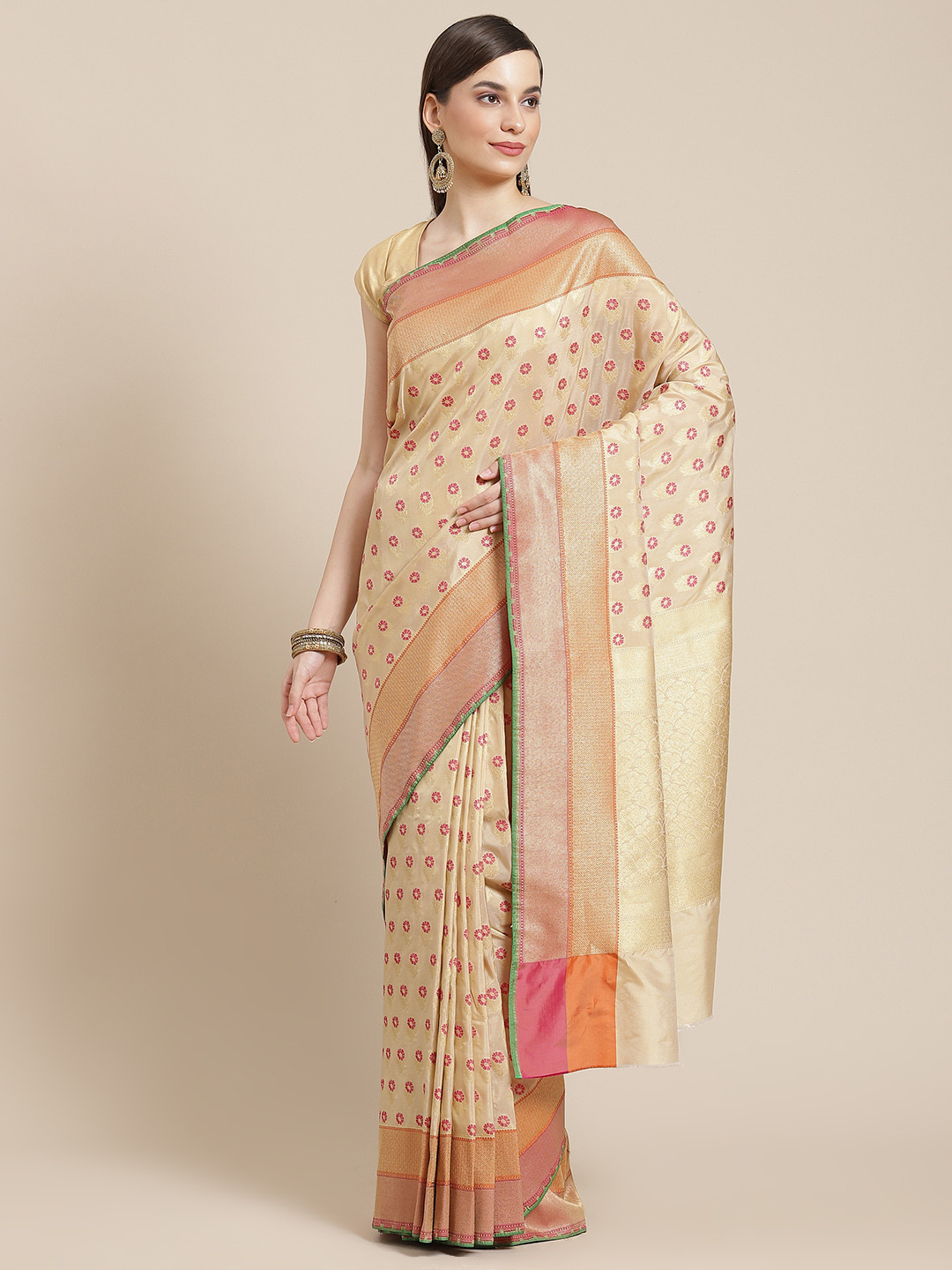 Banarasi Style Beige Ethnic Motifs Zari Silk Blend Banarasi Saree