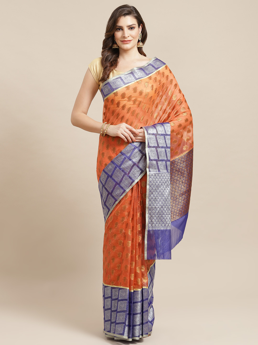 Banarasi Style Orange & Golden Zari Woven Design Banarasi Saree