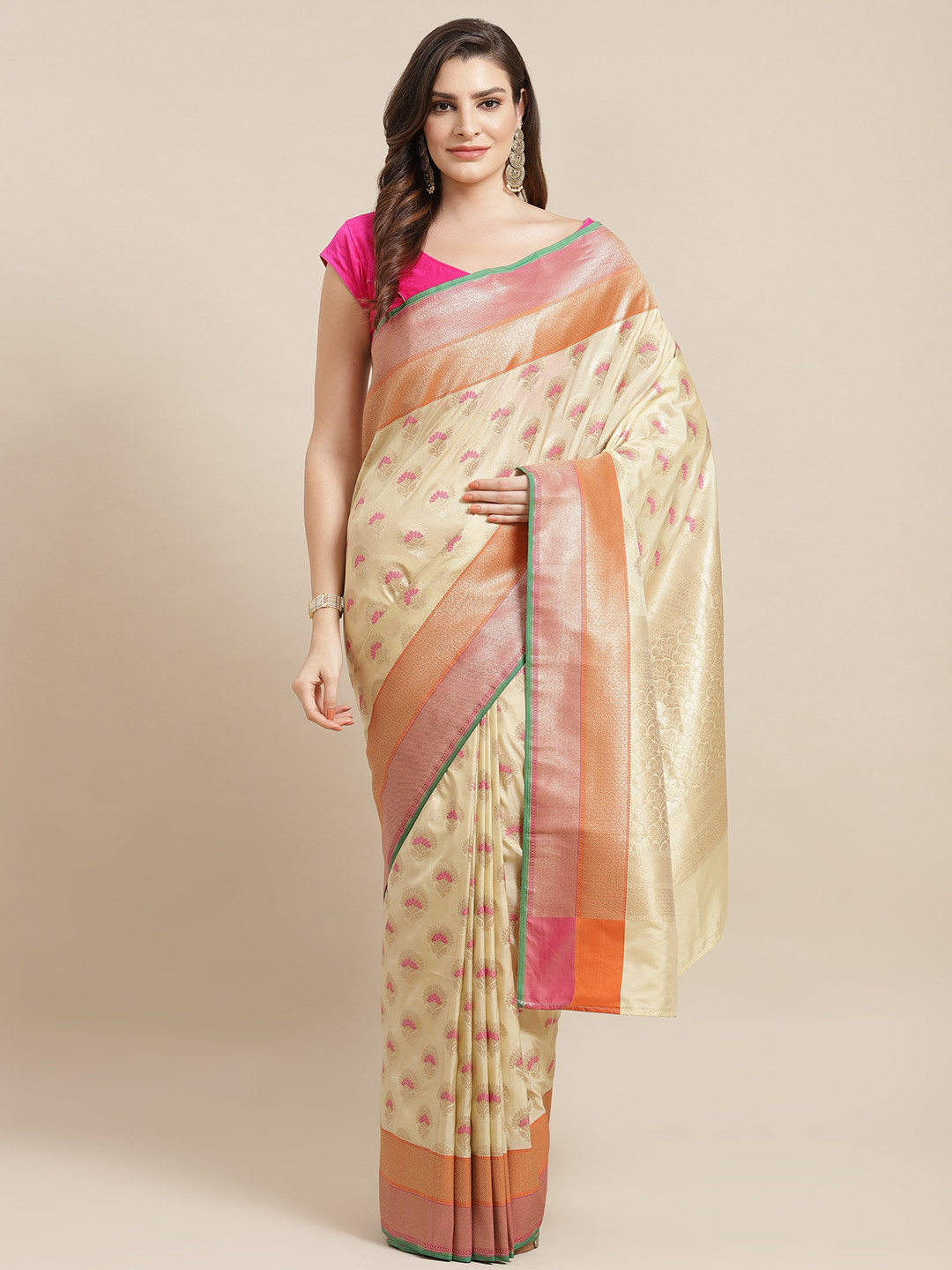 Banarasi Style Beige & Golden Meena Zari Woven Design Banarasi Saree