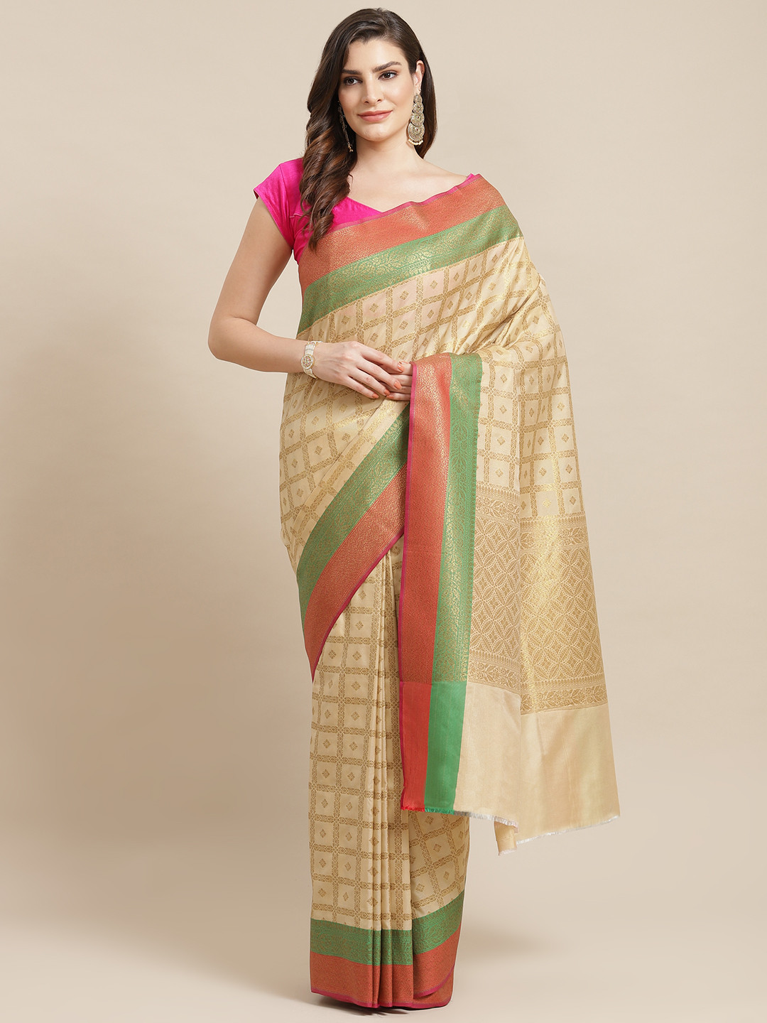 Banarasi Style Beige & Golden Checked Gharchola Banarasi Saree