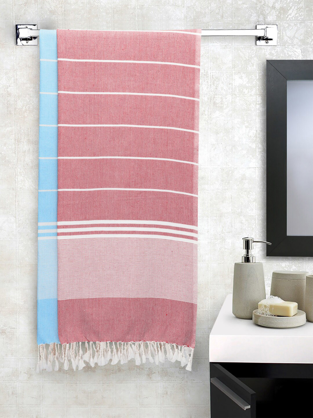 Arrabi Set Of 2 Maroon & Blue Striped Cotton Bath Towels