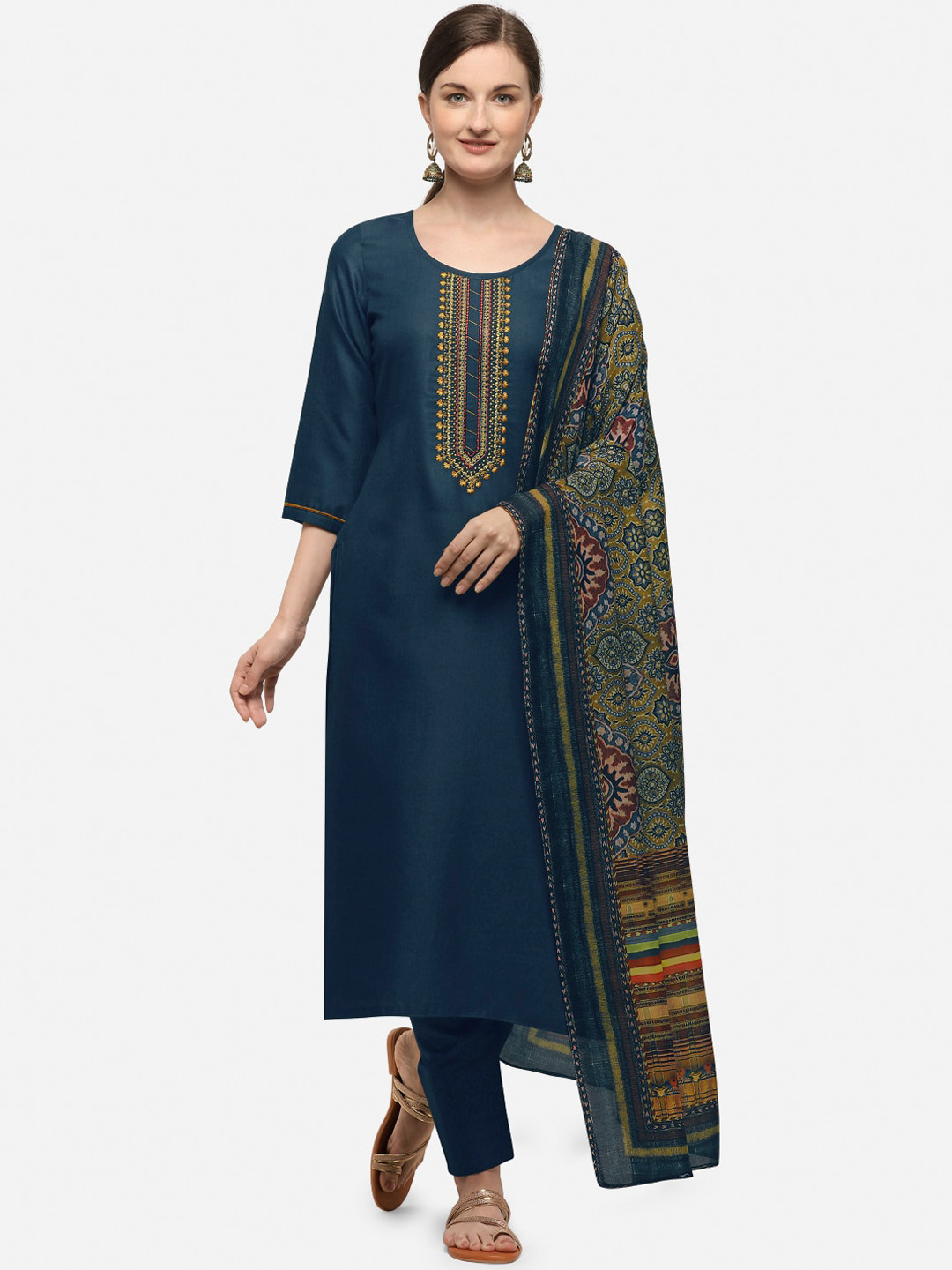 SheWill Women Blue Embroidered Kurta with Pants & Dupatta