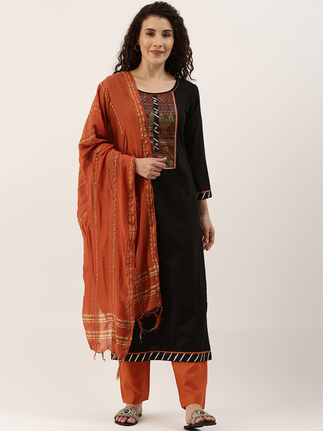SheWill Women Black & Orange Ethnic Motifs Printed Kurta with Trousers & With Dupatta