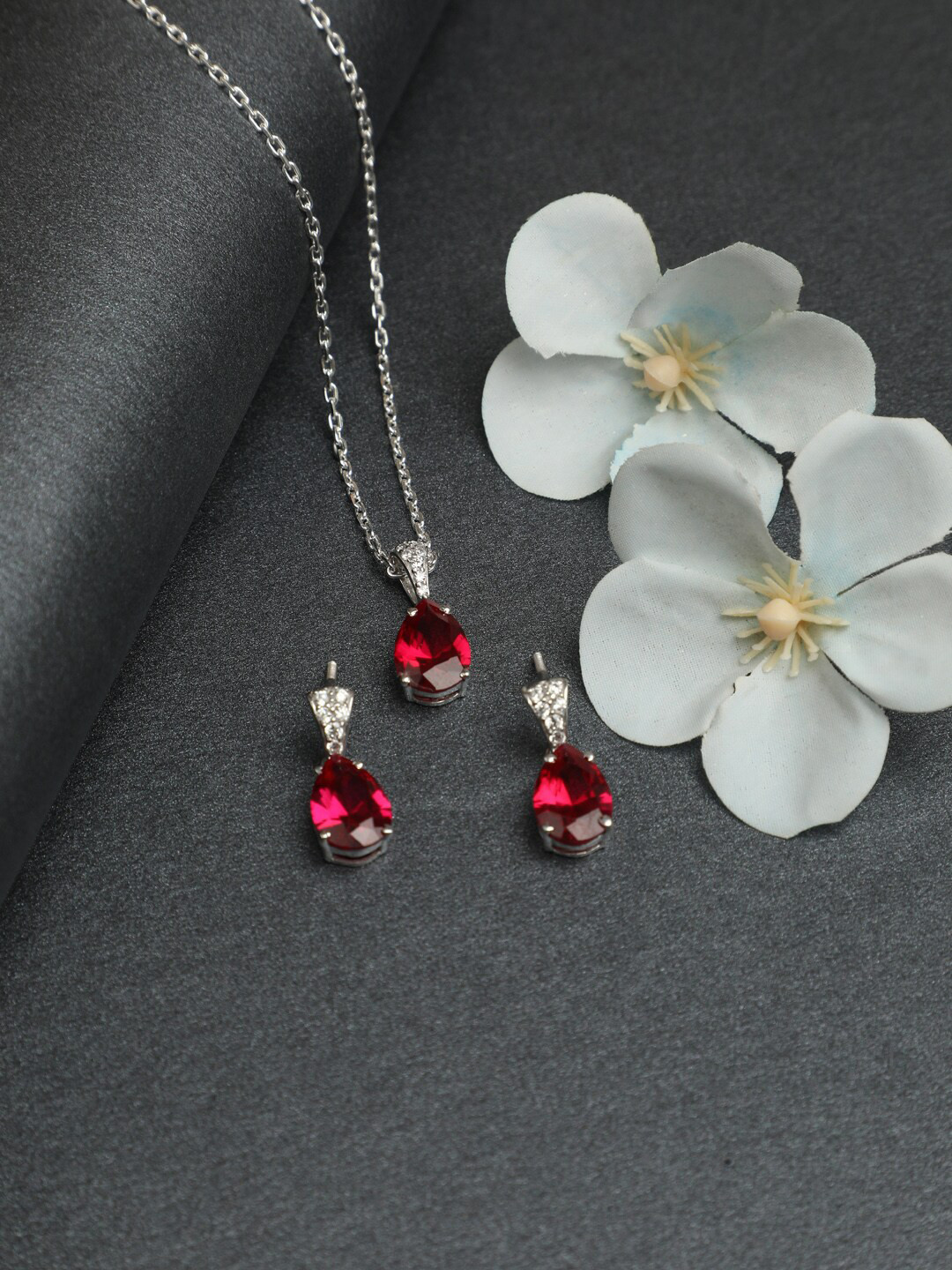 Clara Women Silver Blood Red Jewellery Set