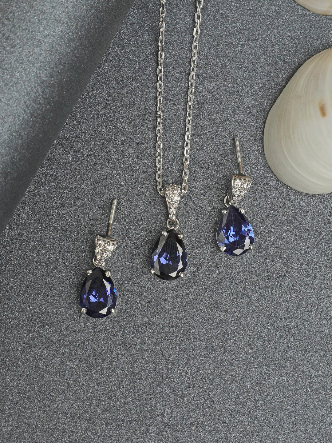 Clara Women Silver & Blue Rhodium-Plated Cubic Zirconia Studded Pendant & Earrings