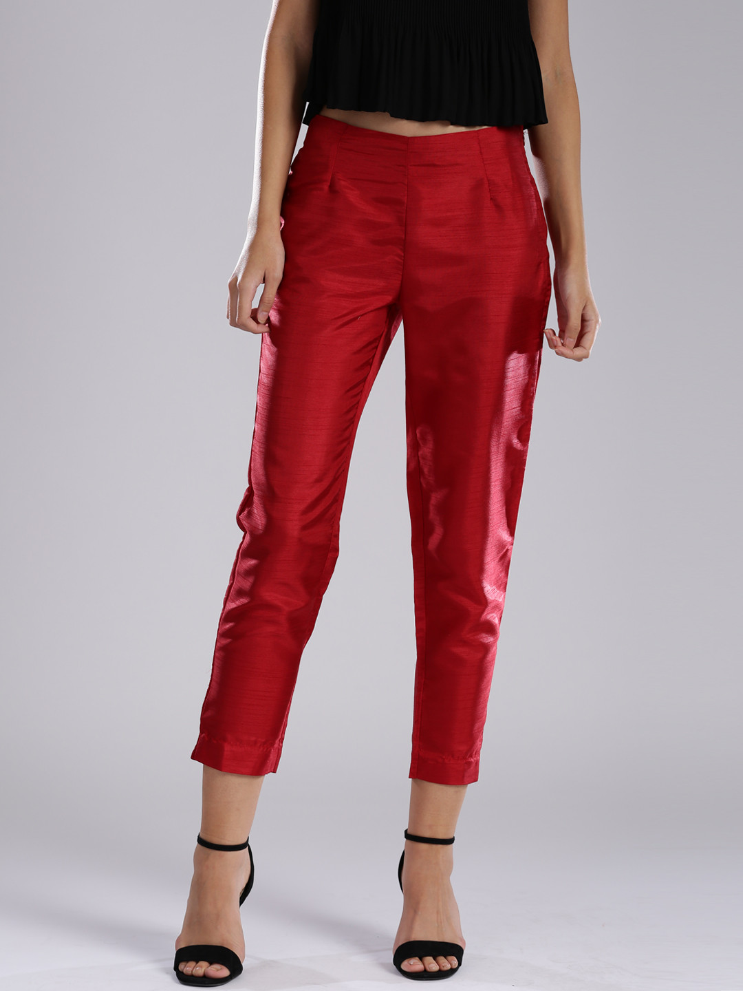 W Women Red Solid Flat-Front Trousers