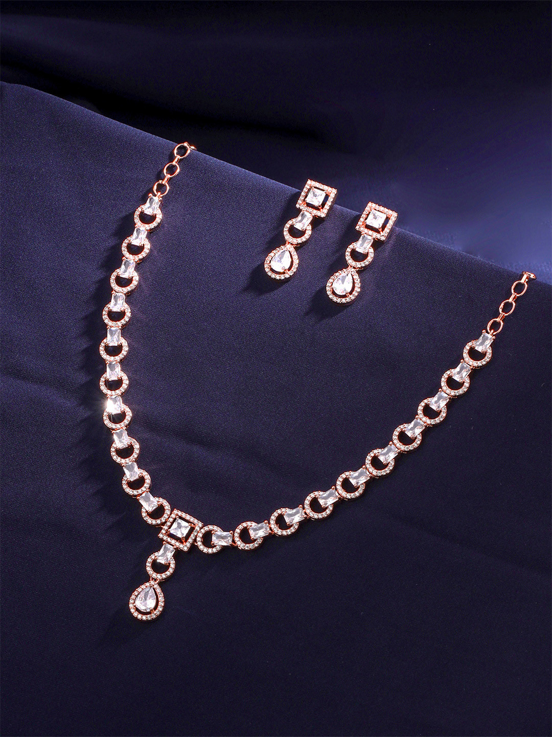 Yellow Chimes Rose-Gold Plated American Diamond Studded Jewellery Set