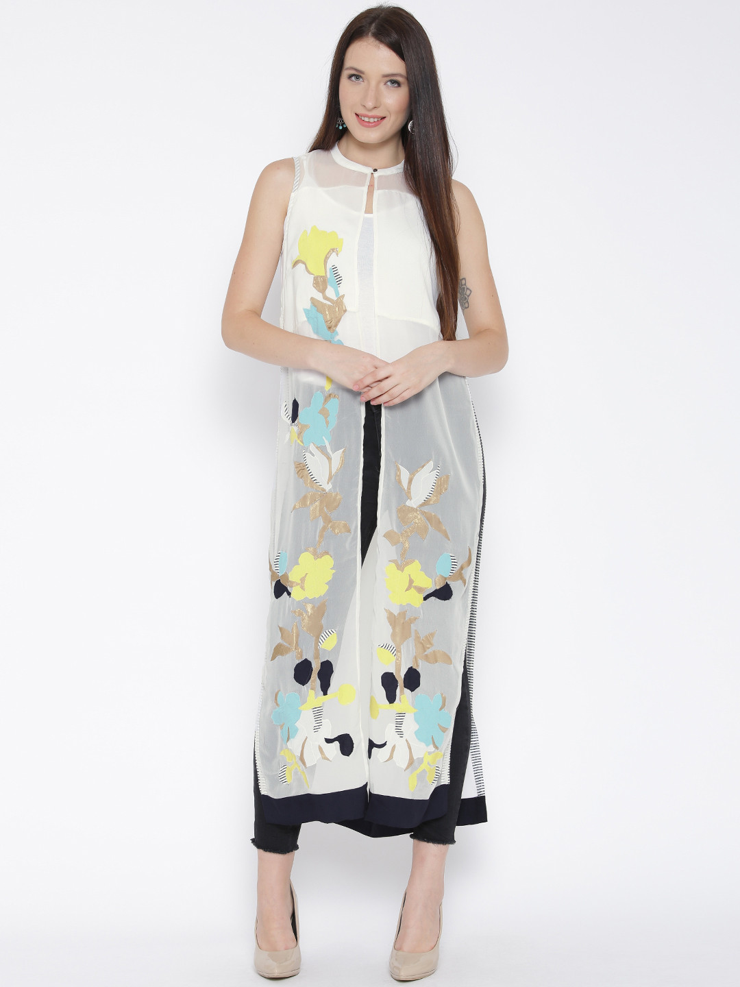 W Off-White Sheer Longline Ethnic Jacket